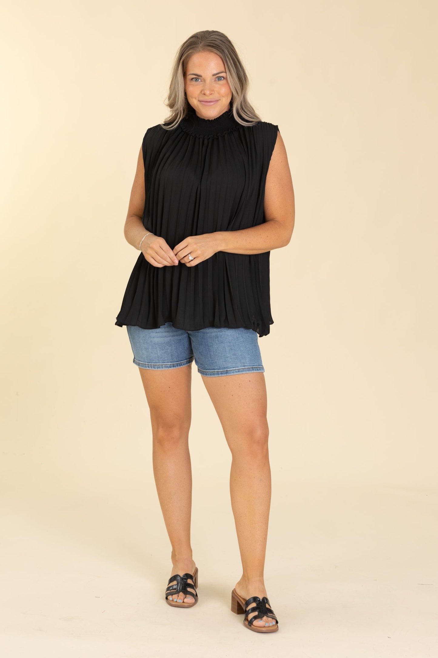 Black Smocked Neck Accordion Pleat Top