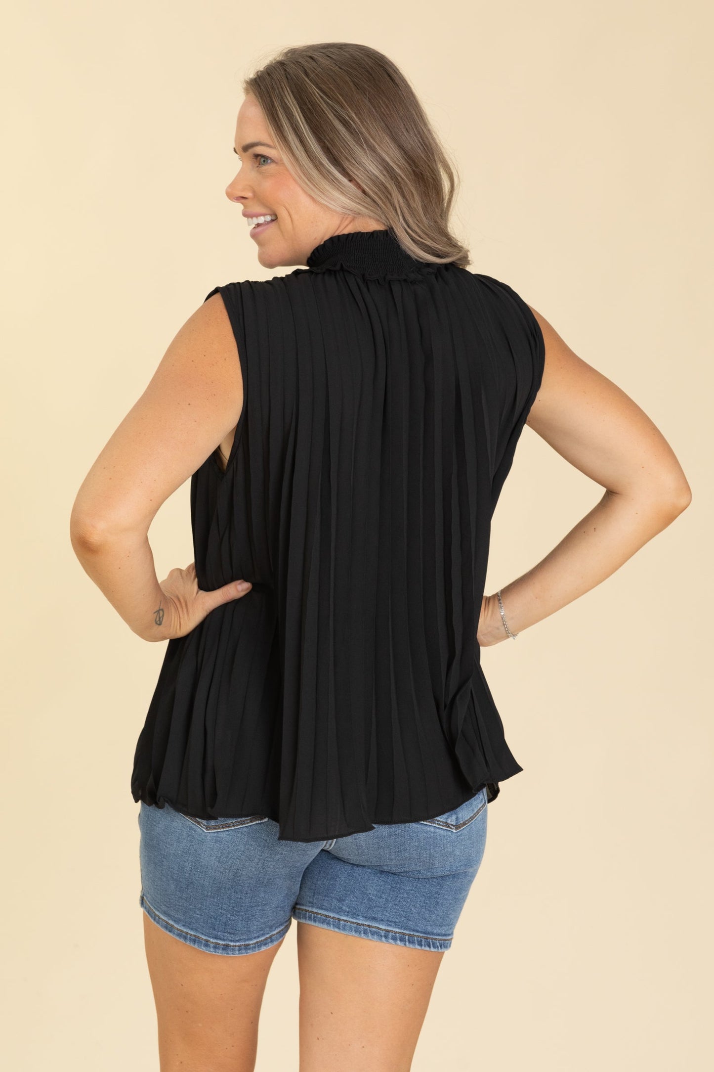 Black Smocked Neck Accordion Pleat Top