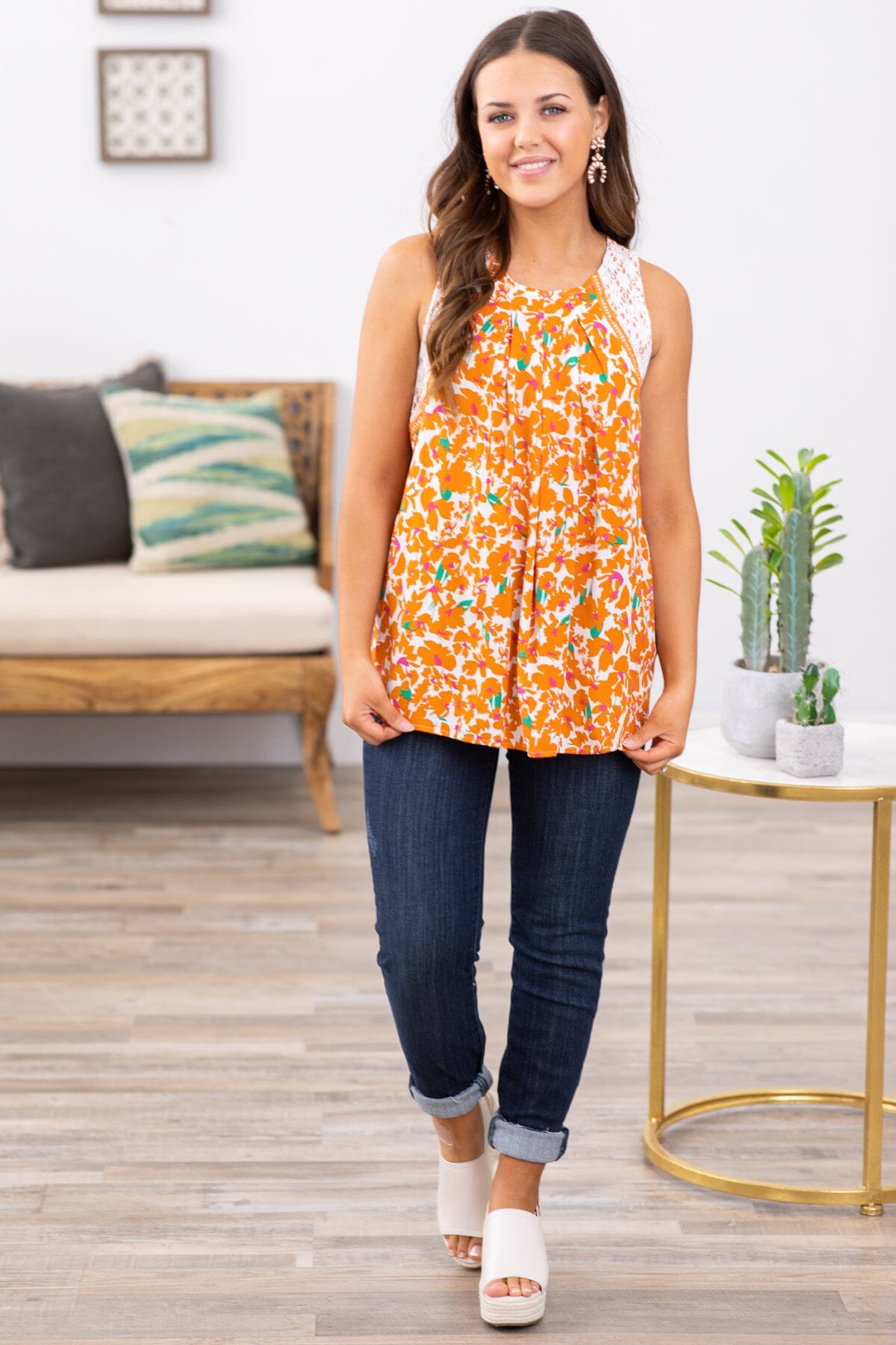 Orange Multicolor Lace Trim Floral Tank