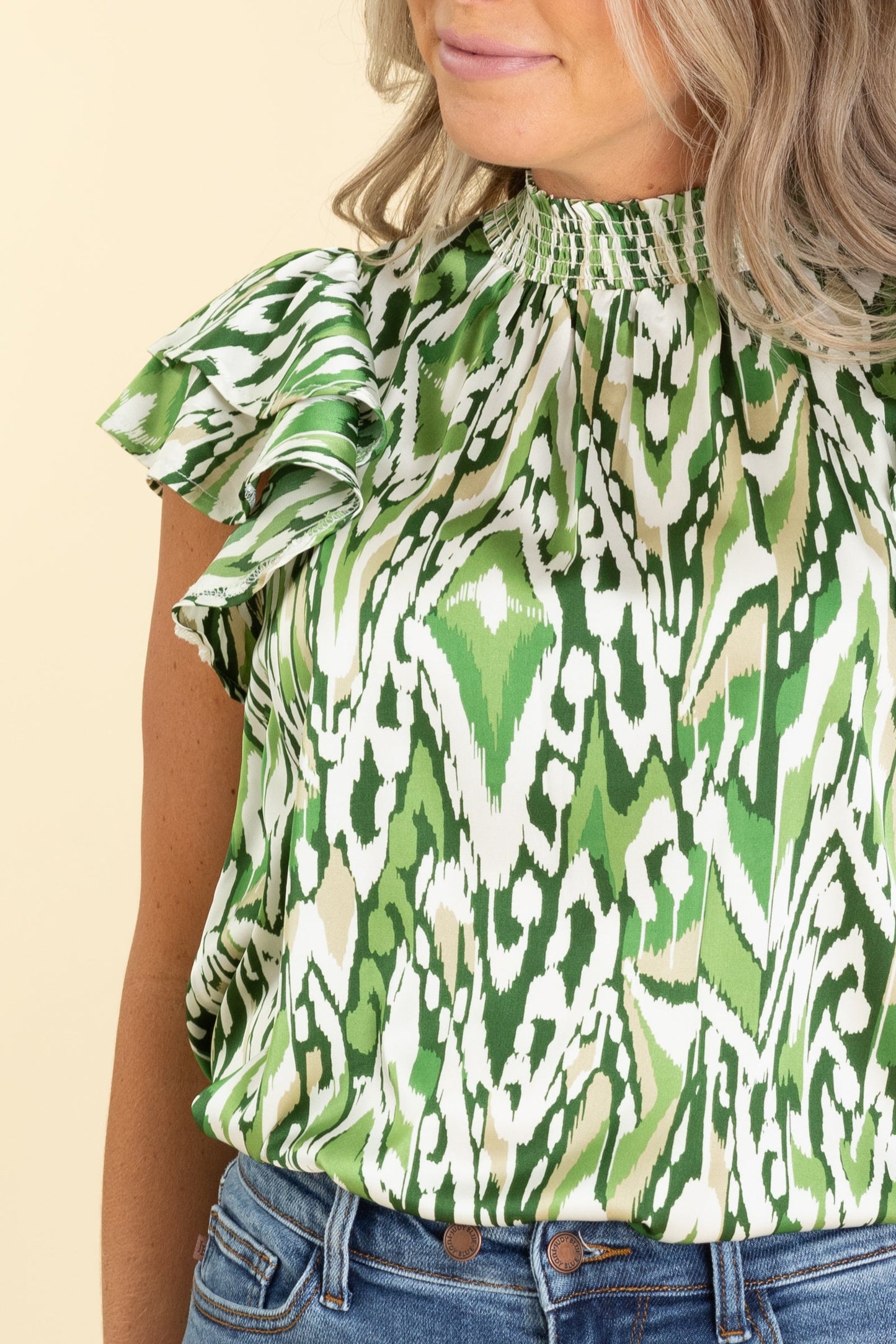 Sage Printed Satin Mock Neck Woven Top