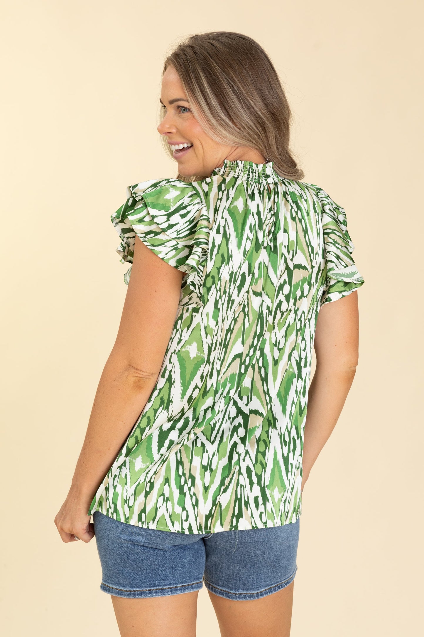Sage Printed Satin Mock Neck Woven Top