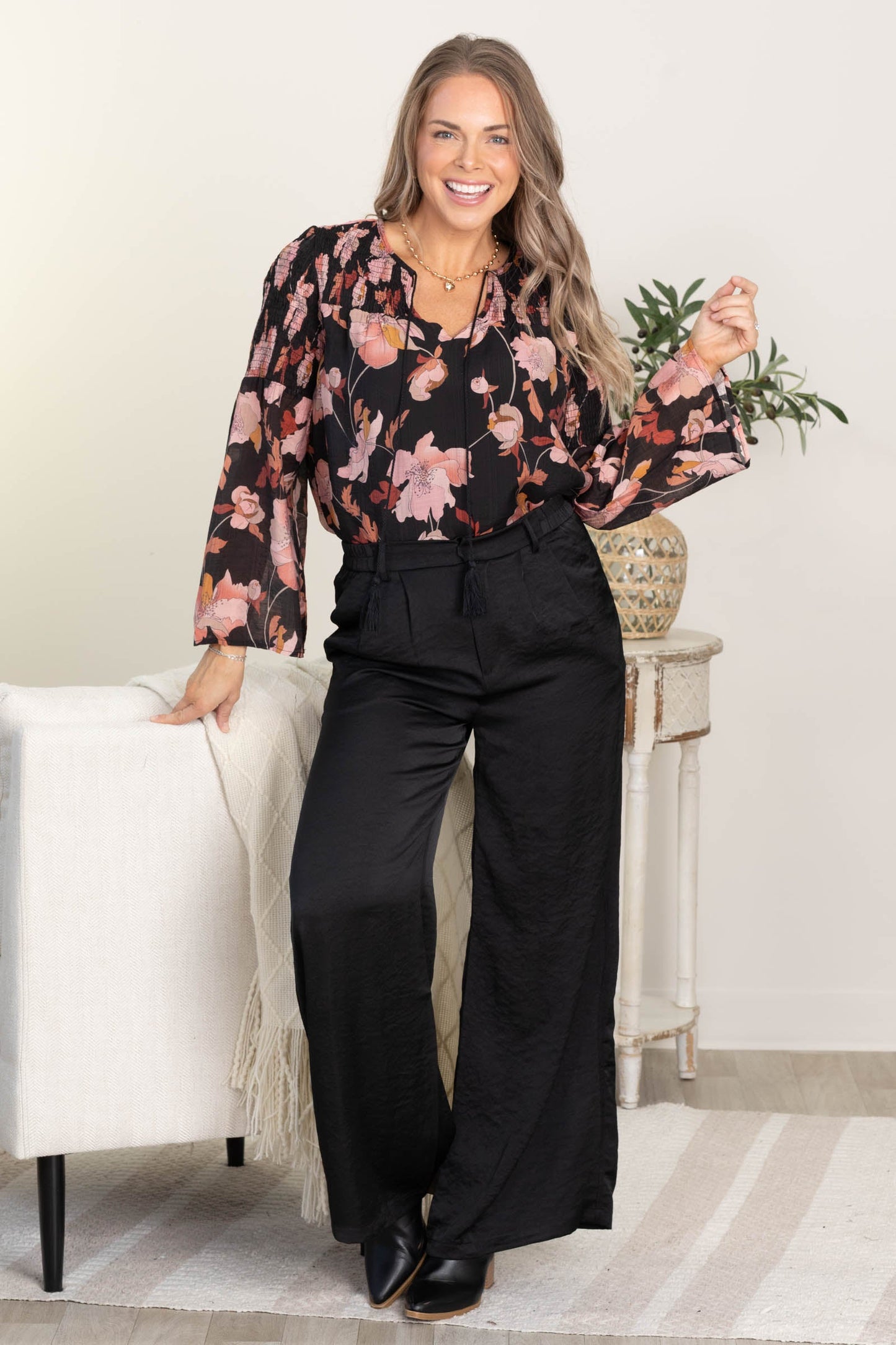 Black and Blush Floral Print Smocked Tie Front Top