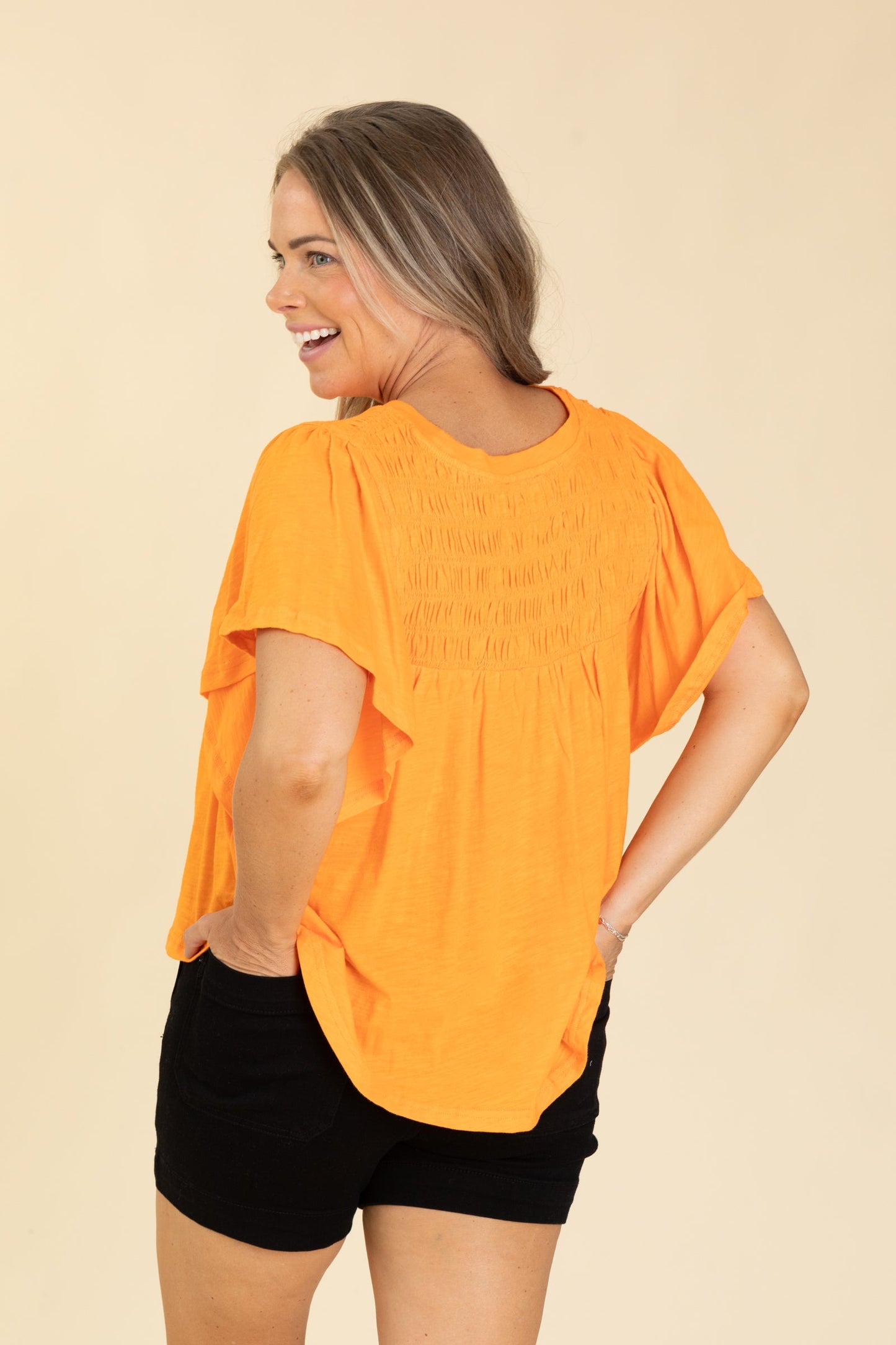 Orange Smocking Detail Flutter Sleeve Knit Top