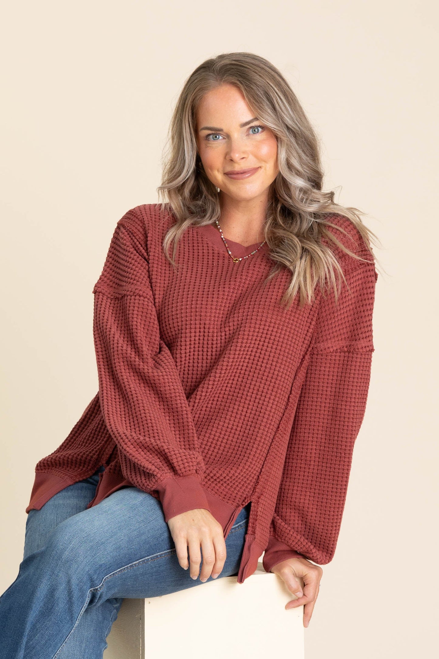 Relaxed Fit Waffle Knit Lightweight Sweaters