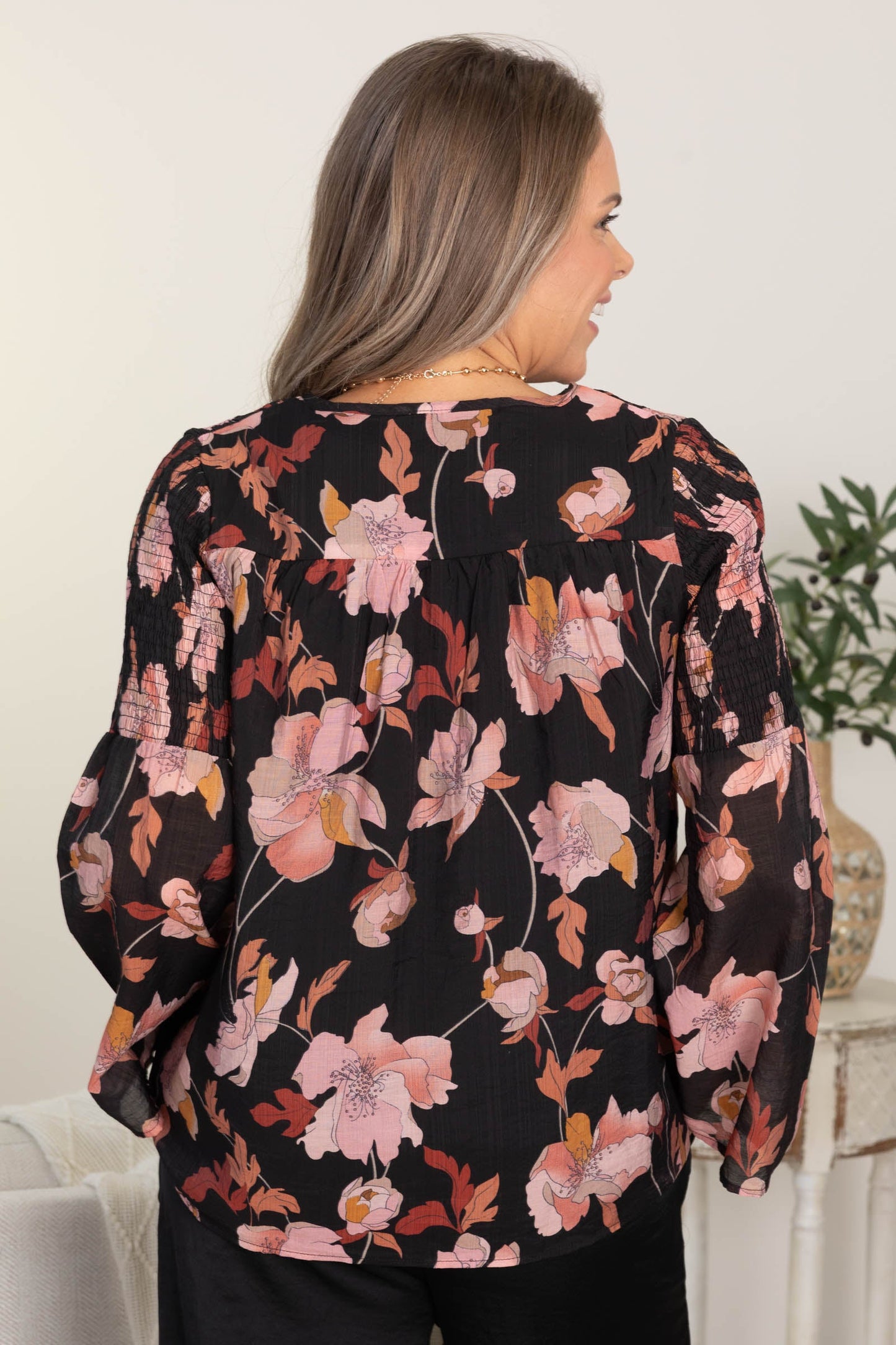 Black and Blush Floral Print Smocked Tie Front Top