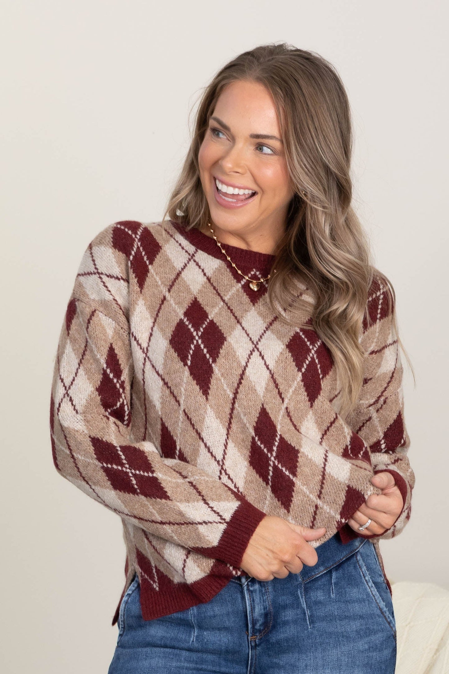 Burgundy Argyle Pattern Long Sleeve Sweater