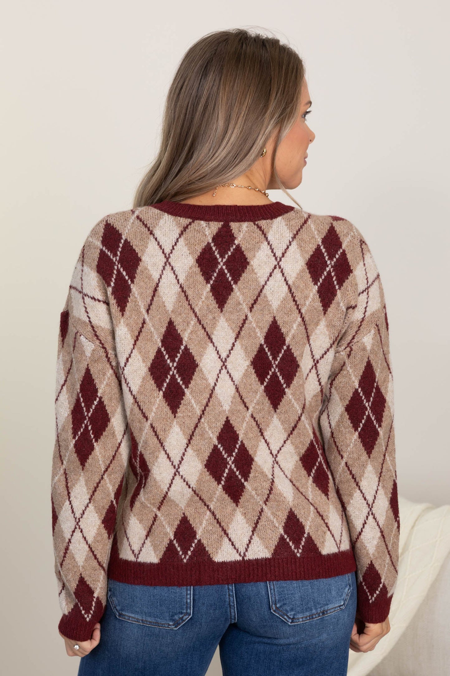 Burgundy Argyle Pattern Long Sleeve Sweater