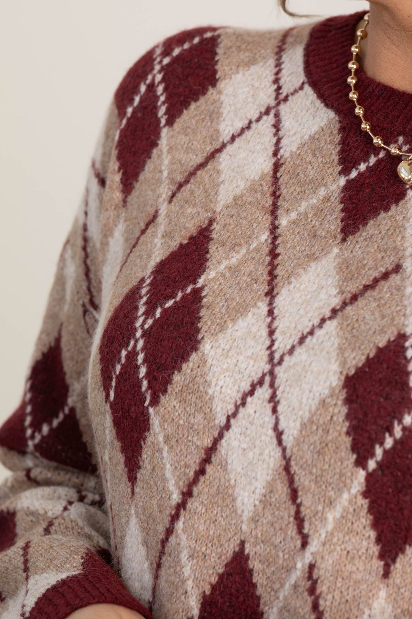 Burgundy Argyle Pattern Long Sleeve Sweater