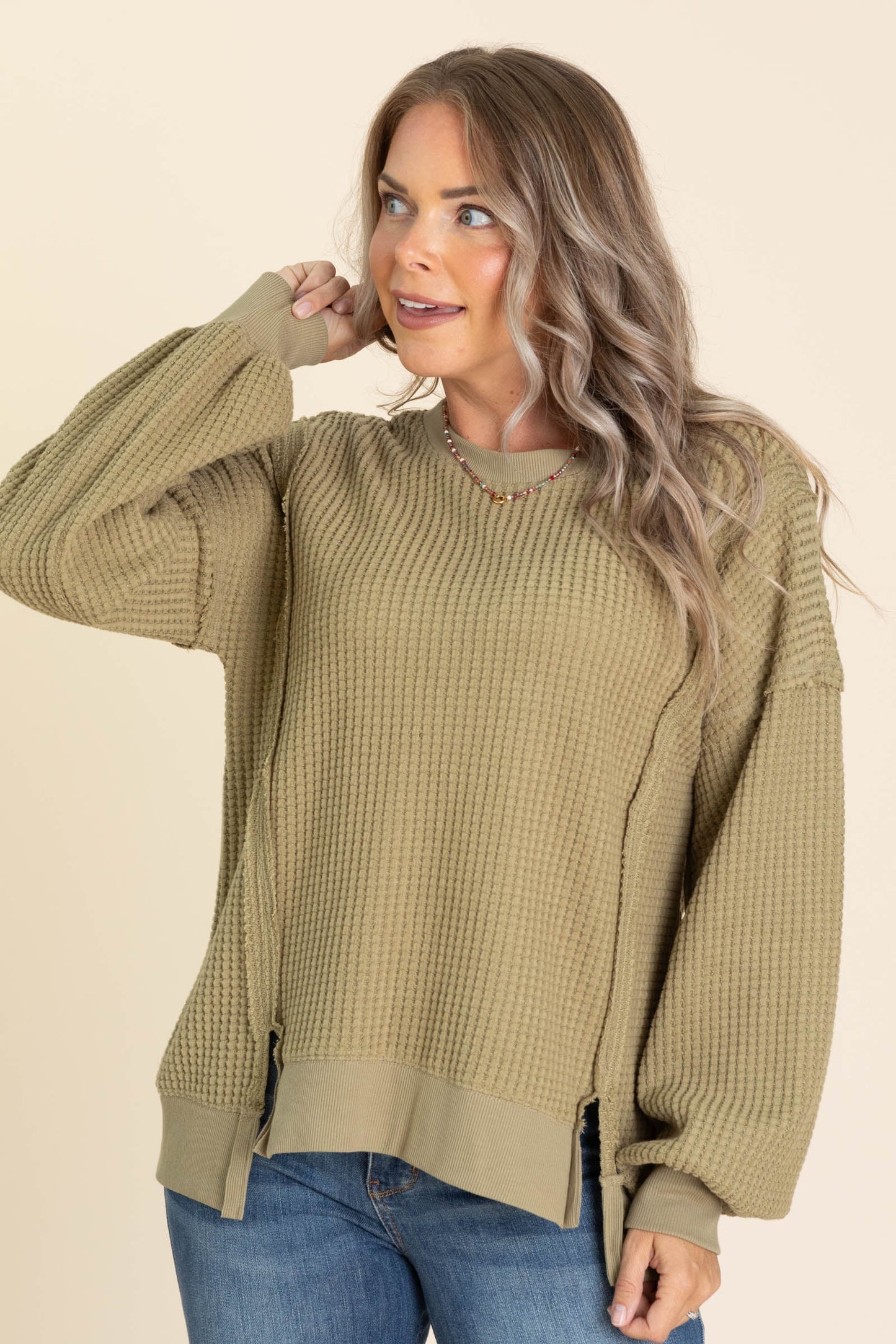 Relaxed Fit Waffle Knit Lightweight Sweaters