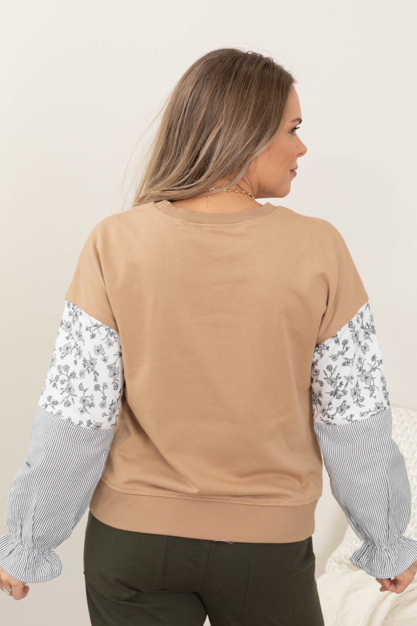 Tan Top With Floral And Stripe Balloon Sleeves