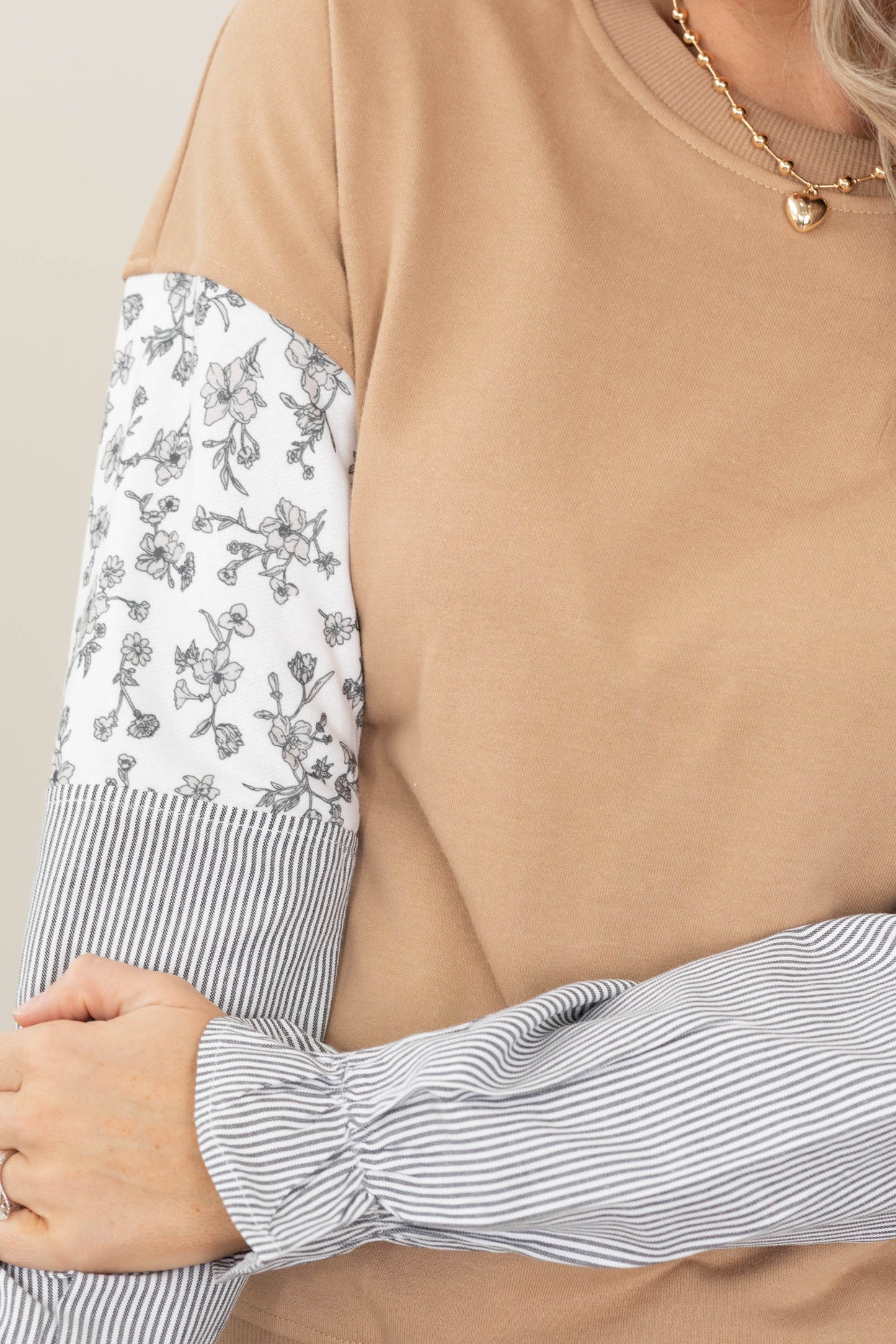 Tan Top With Floral And Stripe Balloon Sleeves