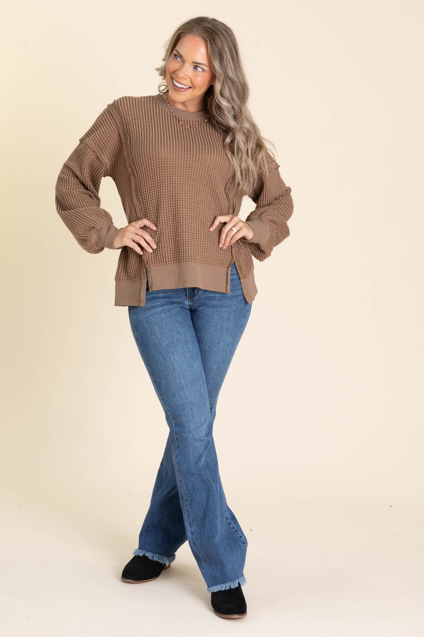 Relaxed Fit Waffle Knit Lightweight Sweaters