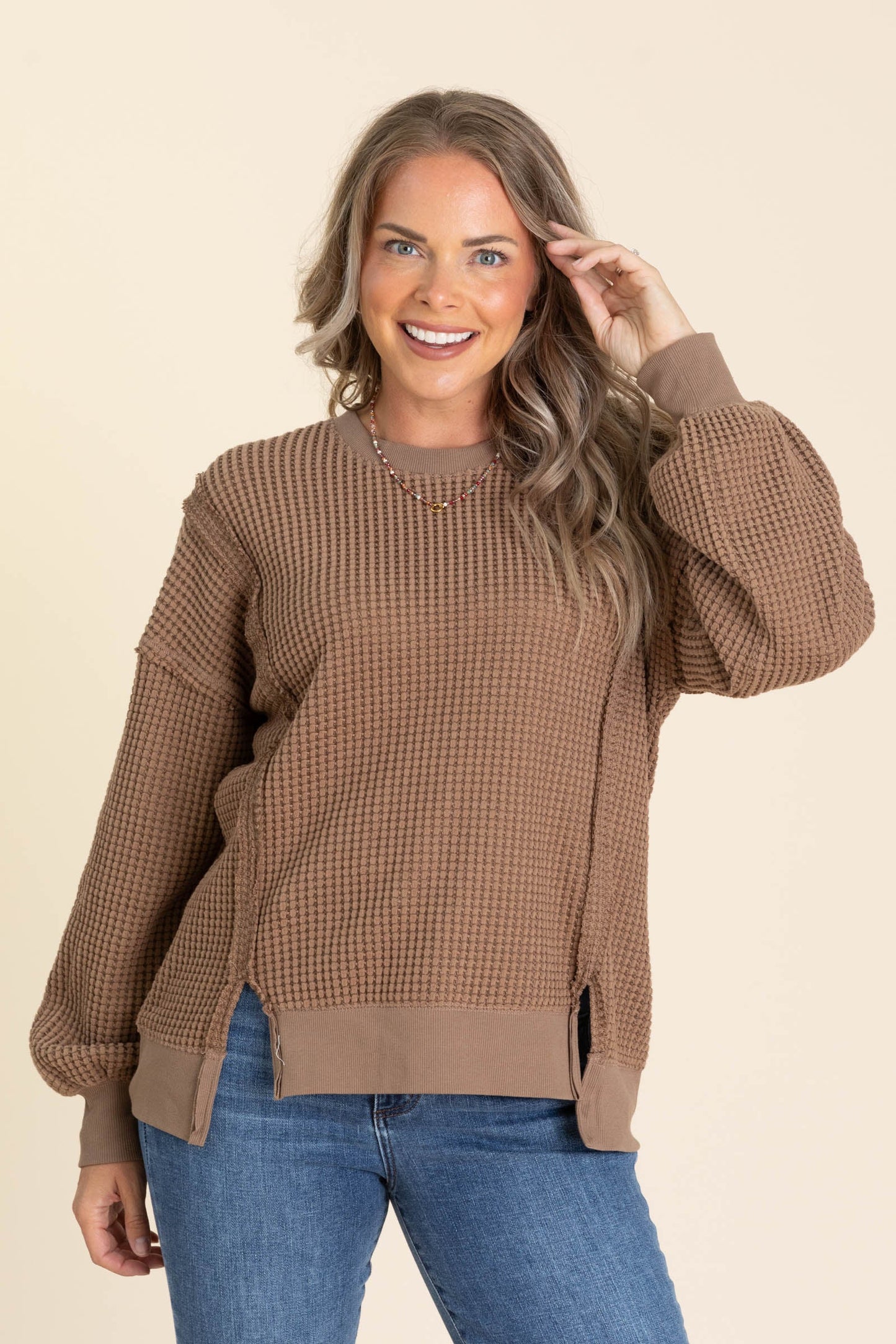Relaxed Fit Waffle Knit Lightweight Sweaters