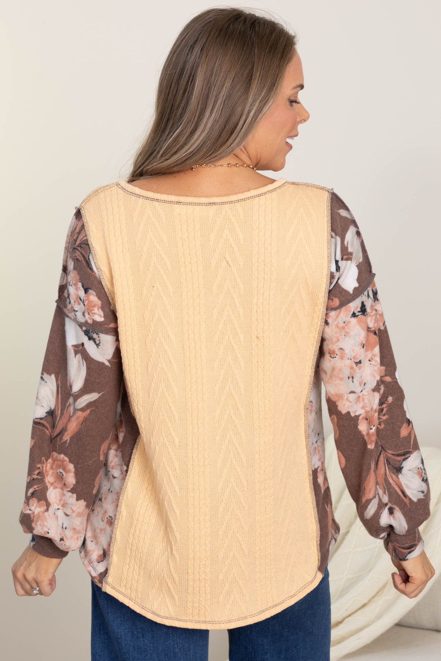 Peach Textured Brown Floral Contrast Knit Top