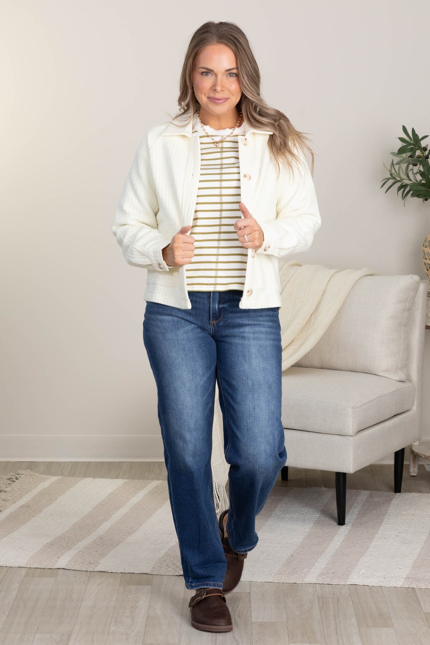 Cream Soft Waffle Shacket With Pockets