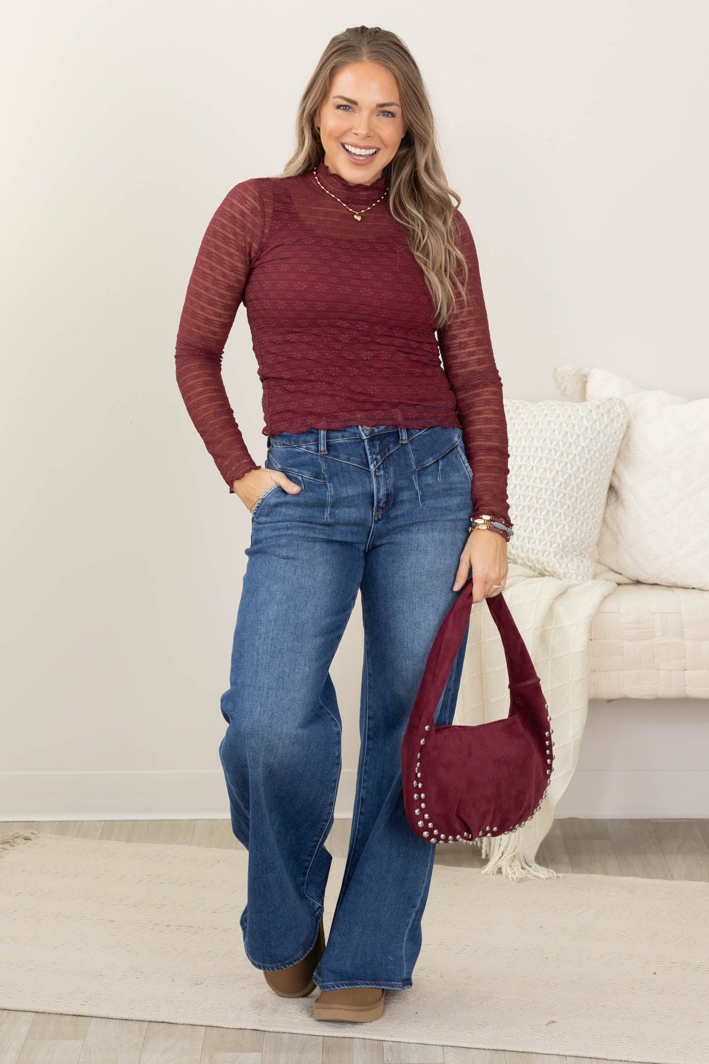 Lace Mock Neck Long Sleeve Tops