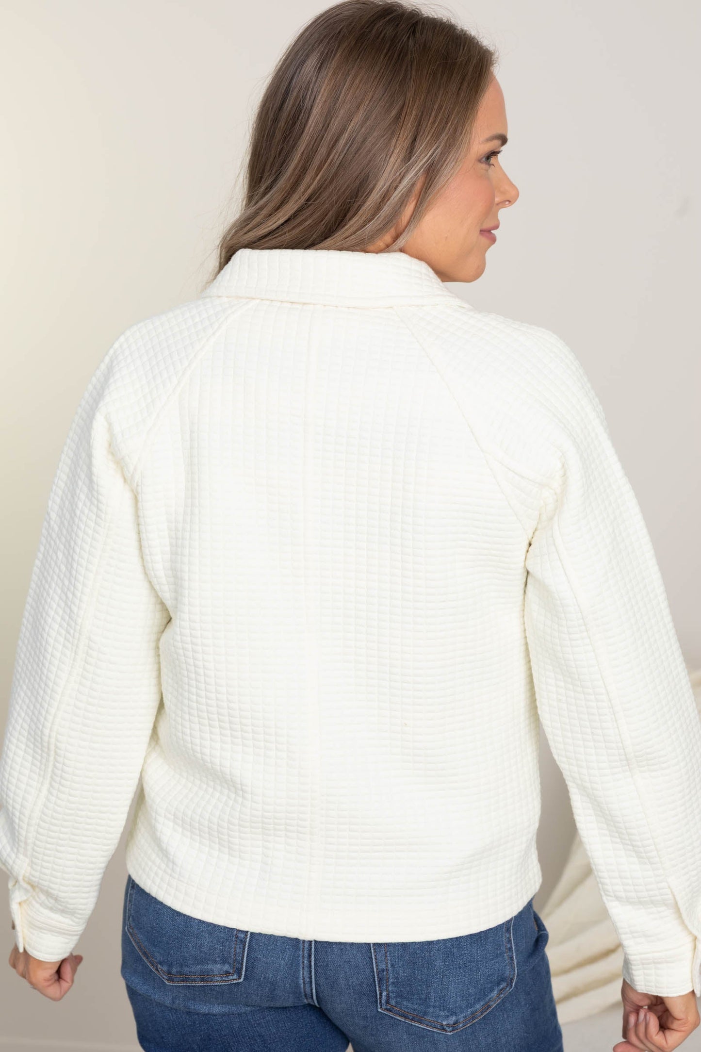 Cream Soft Waffle Shacket With Pockets