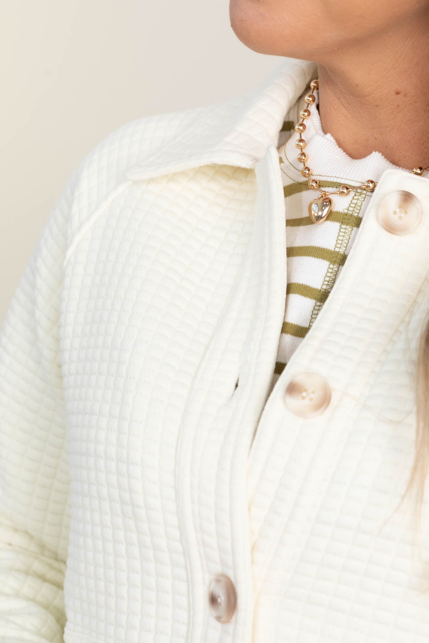 Cream Soft Waffle Shacket With Pockets