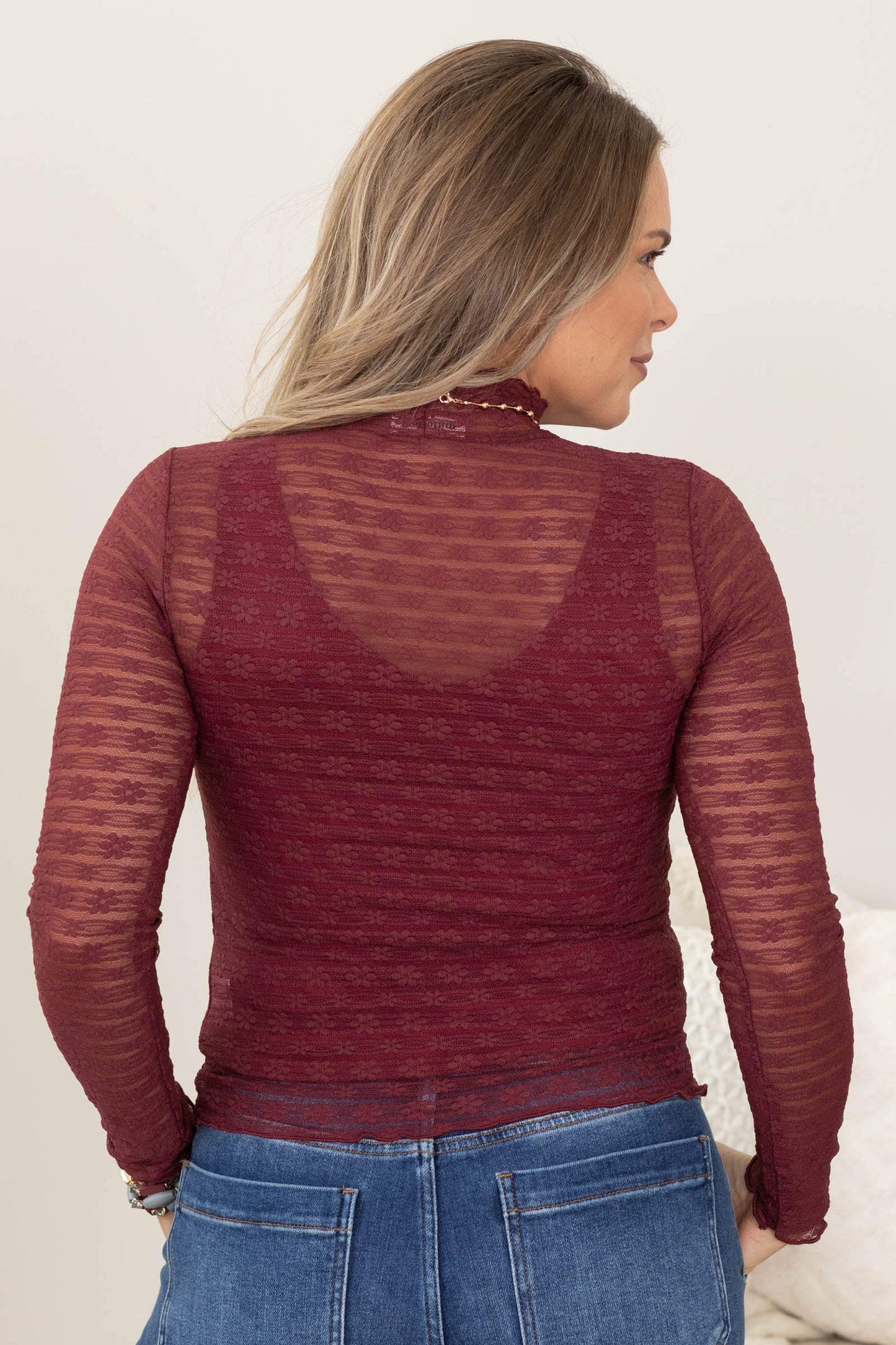 Lace Mock Neck Long Sleeve Tops
