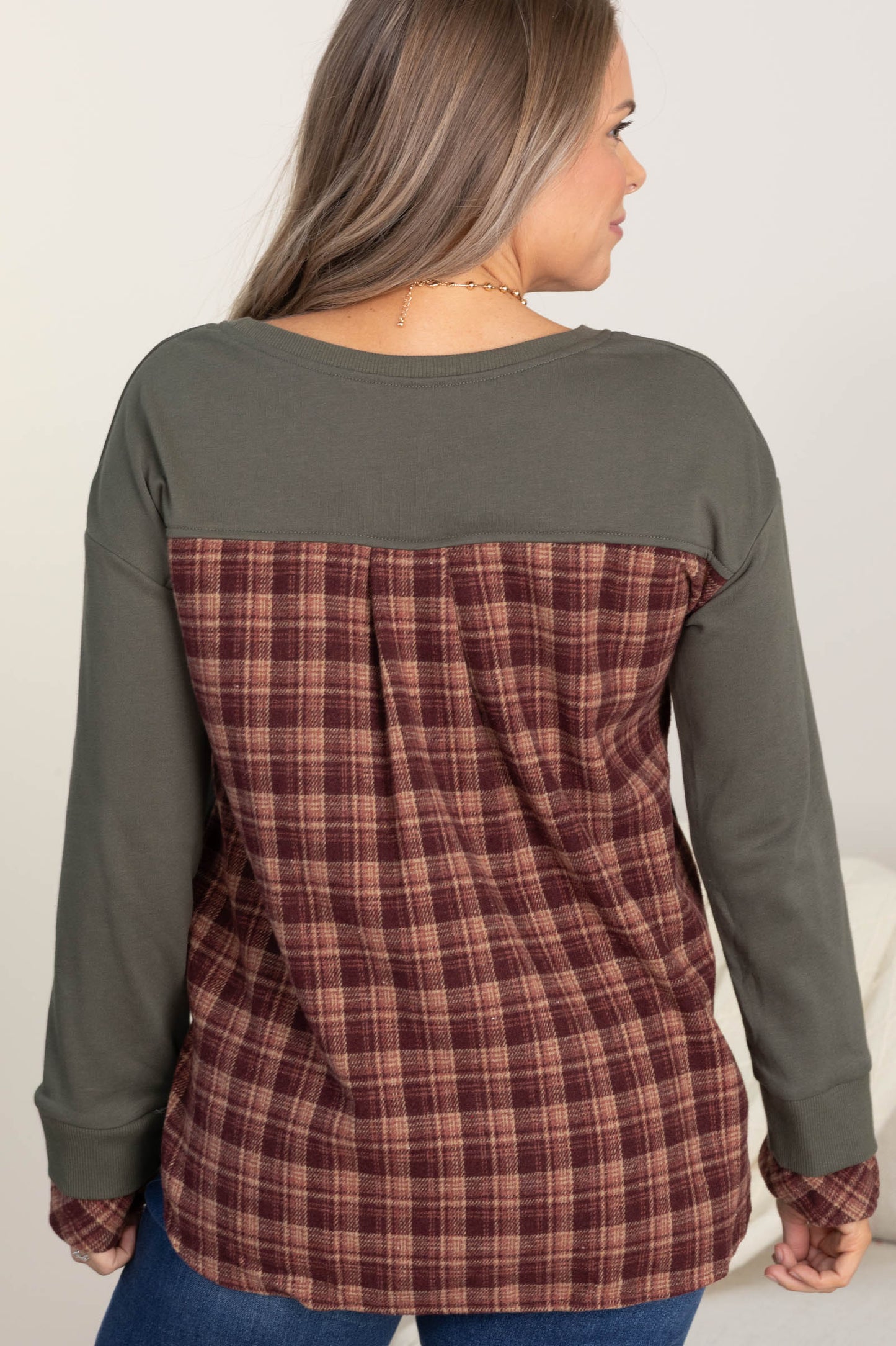 Olive Sweatshirt With Faux Layered Plaid