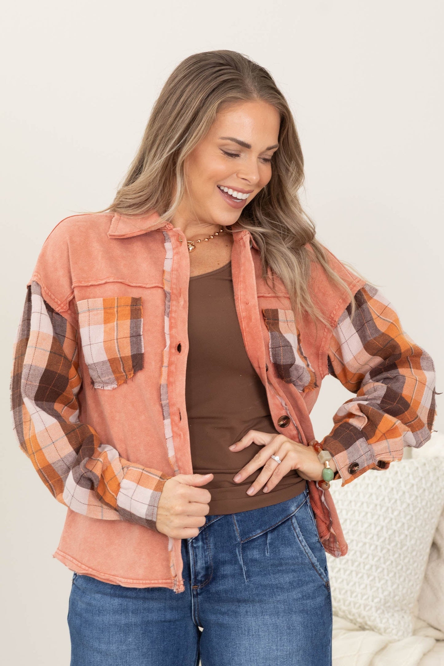 Plaid Sleeve Mineral Wash Shackets