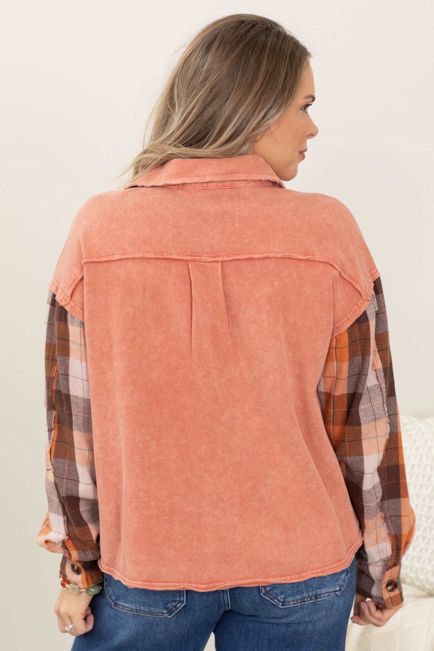 Plaid Sleeve Mineral Wash Shackets