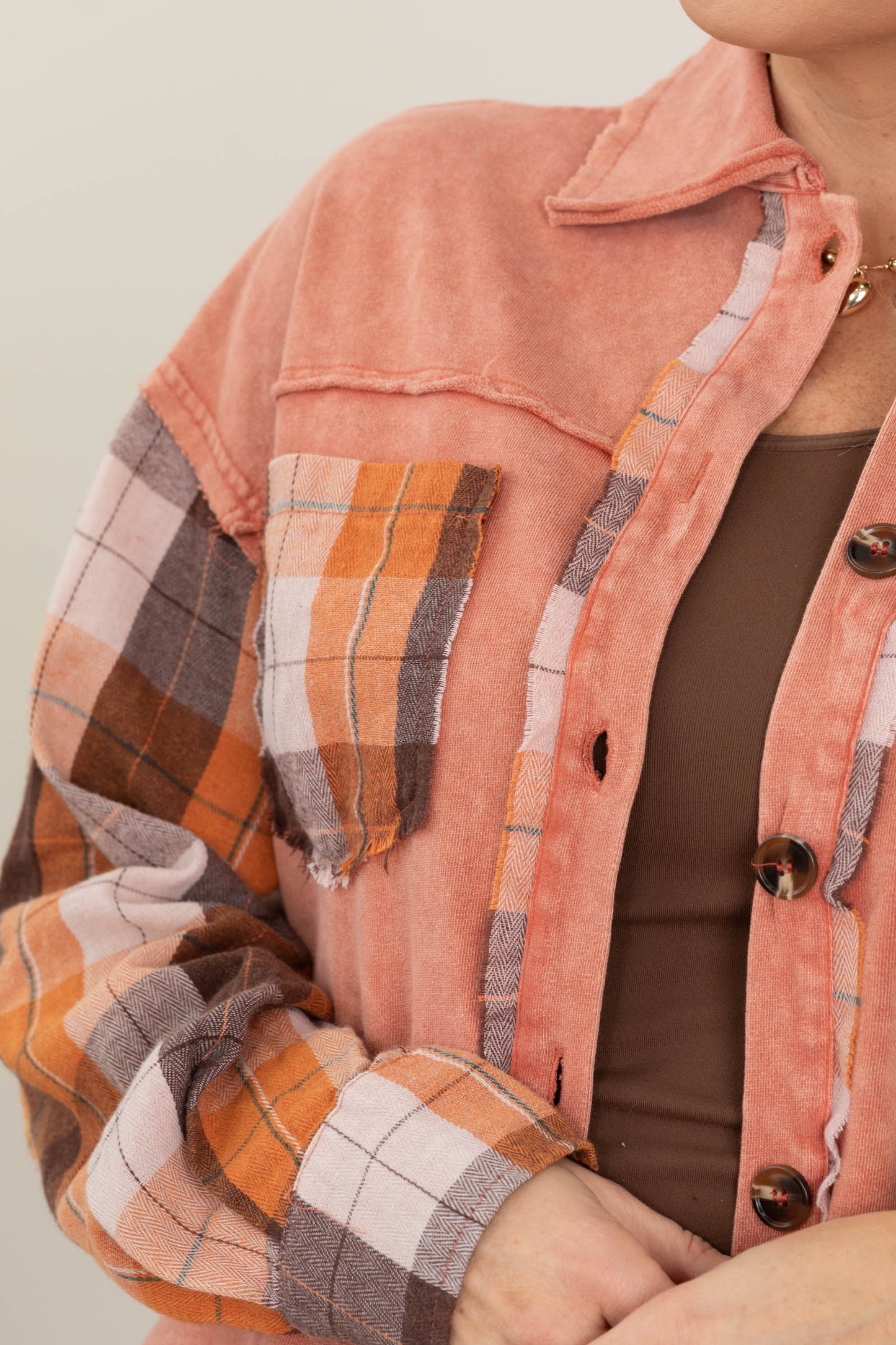 Plaid Sleeve Mineral Wash Shackets