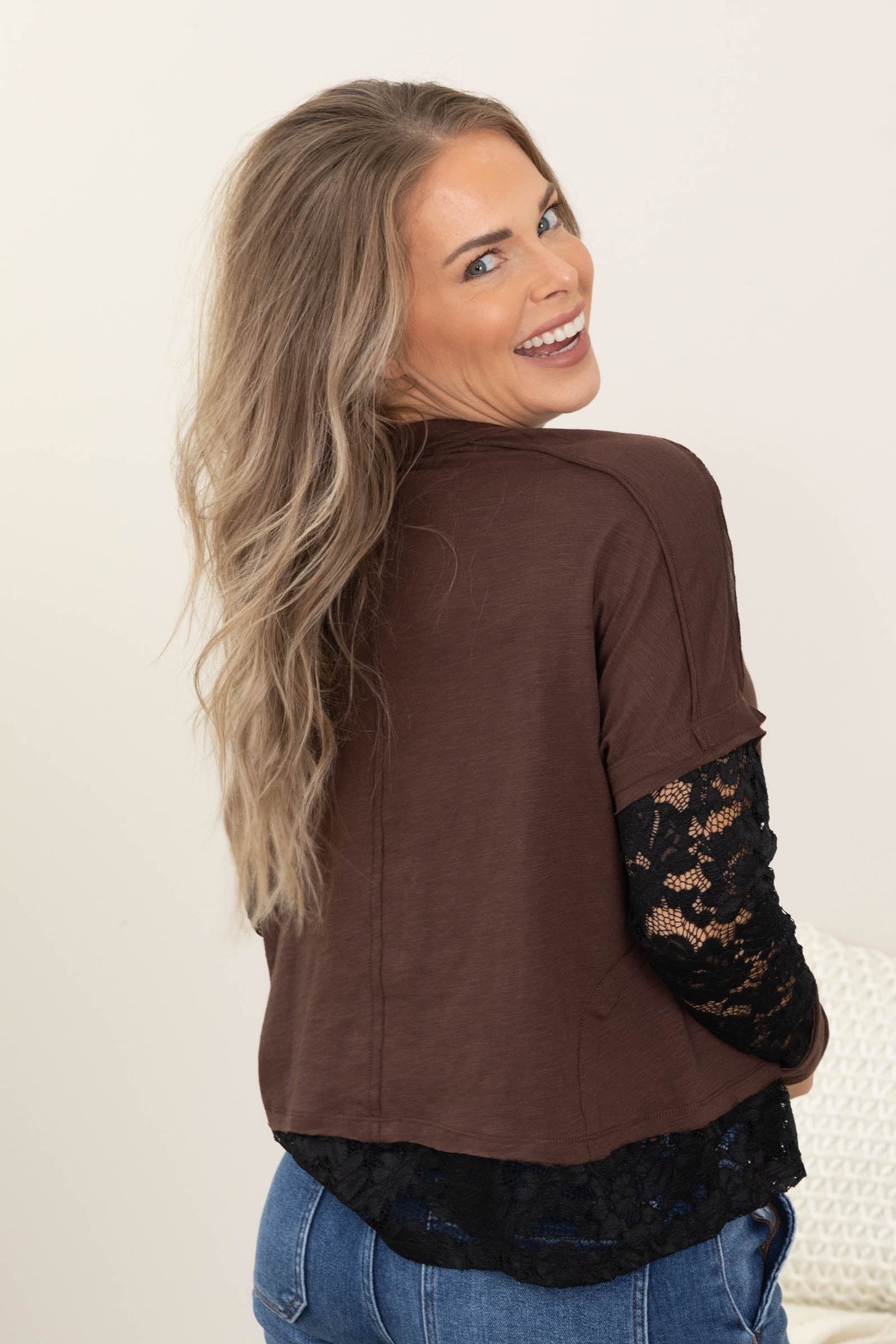Brown Faux Layered Top With Lace Sleeves