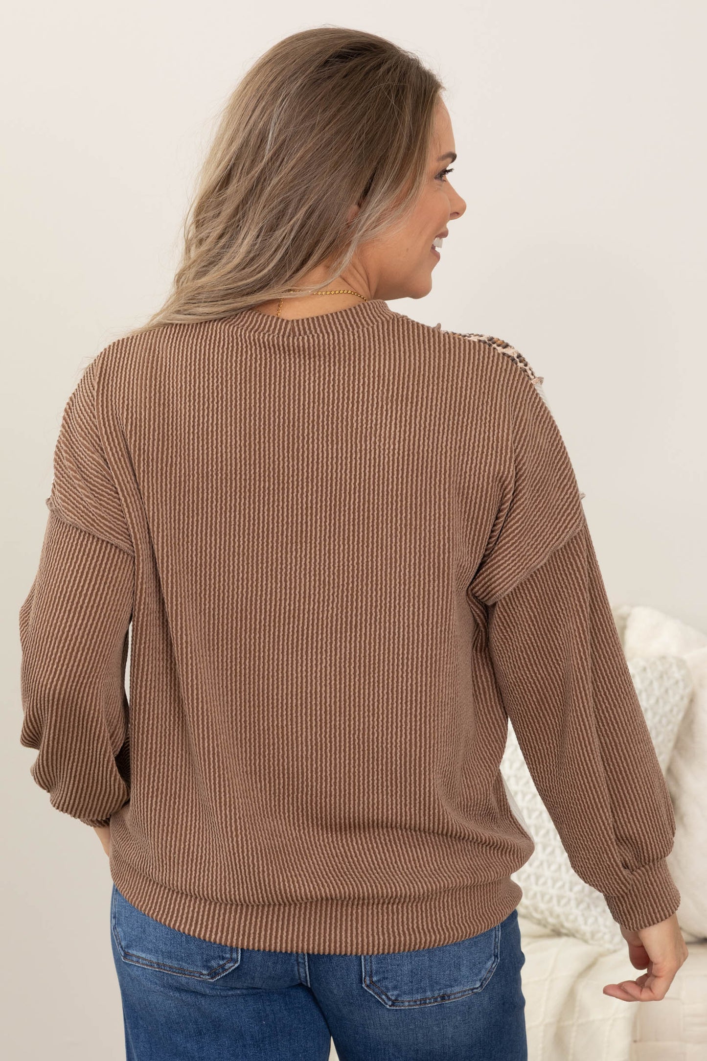 Mocha Colorblock With Leopard Rib Knit Top