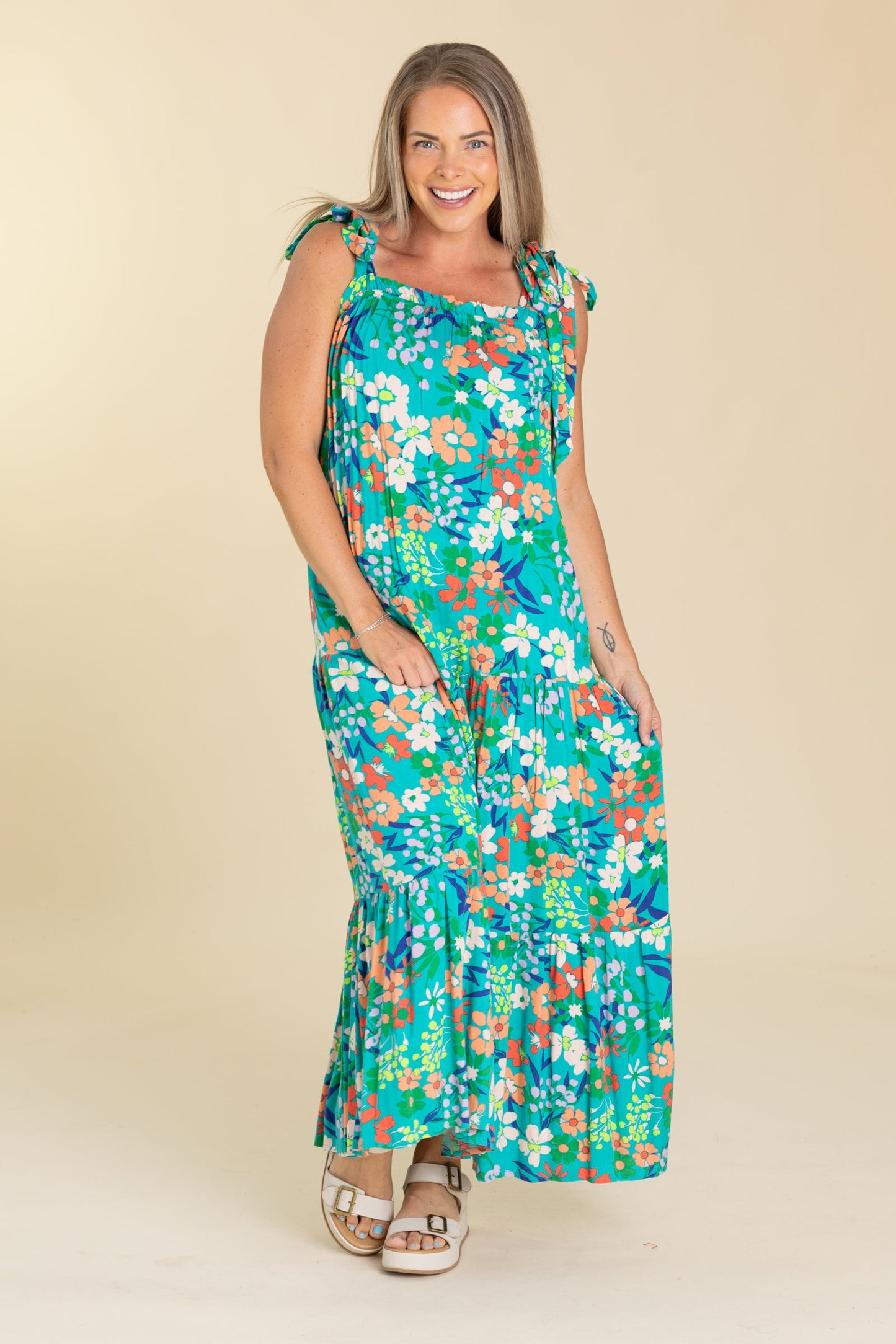 Teal Multicolor Floral Print Maxi Dress