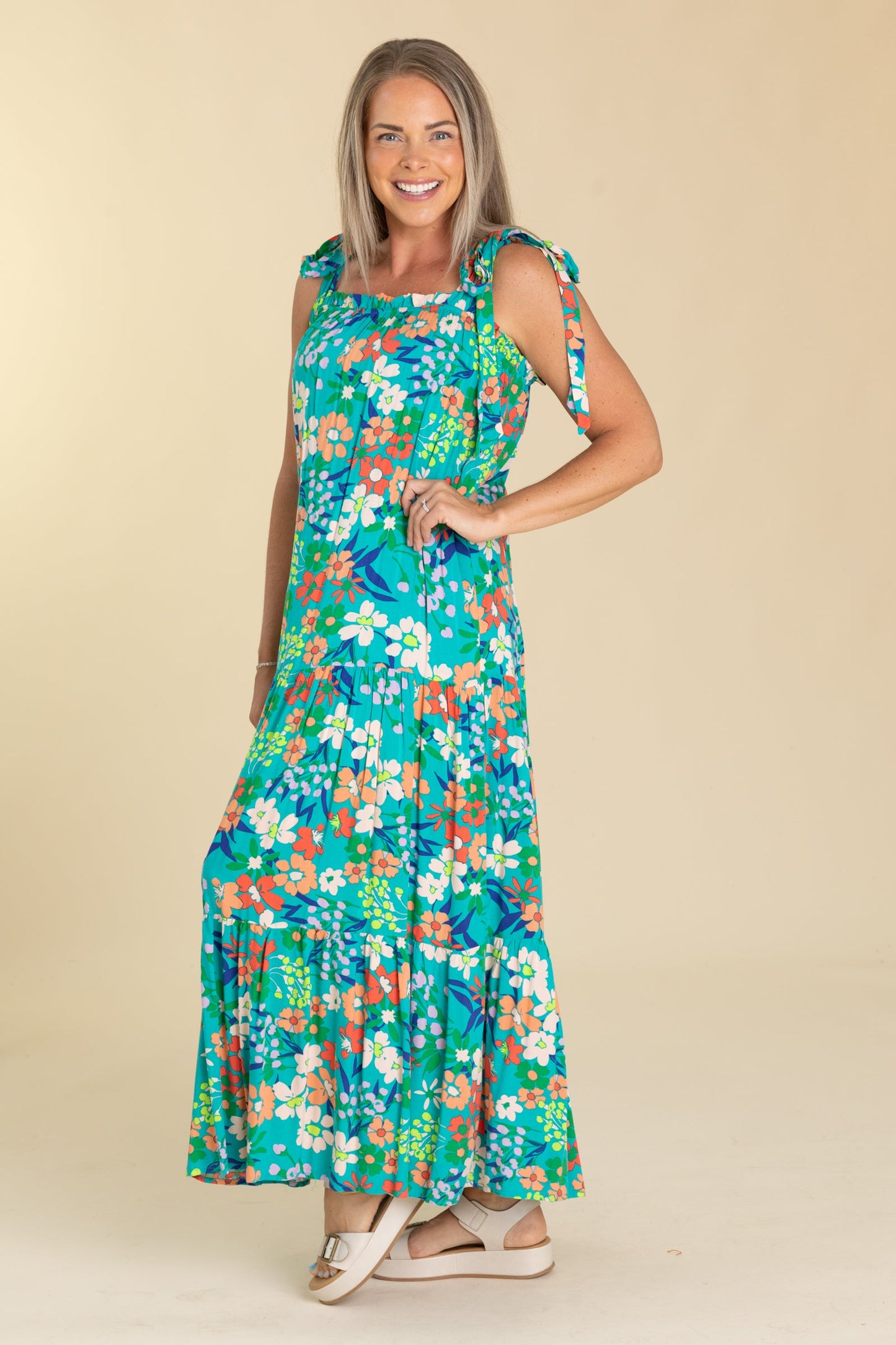 Teal Multicolor Floral Print Maxi Dress