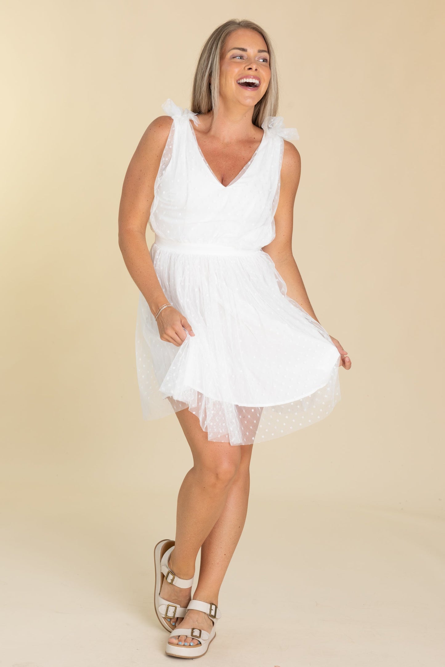 White Swiss Dot V-Neck Dress