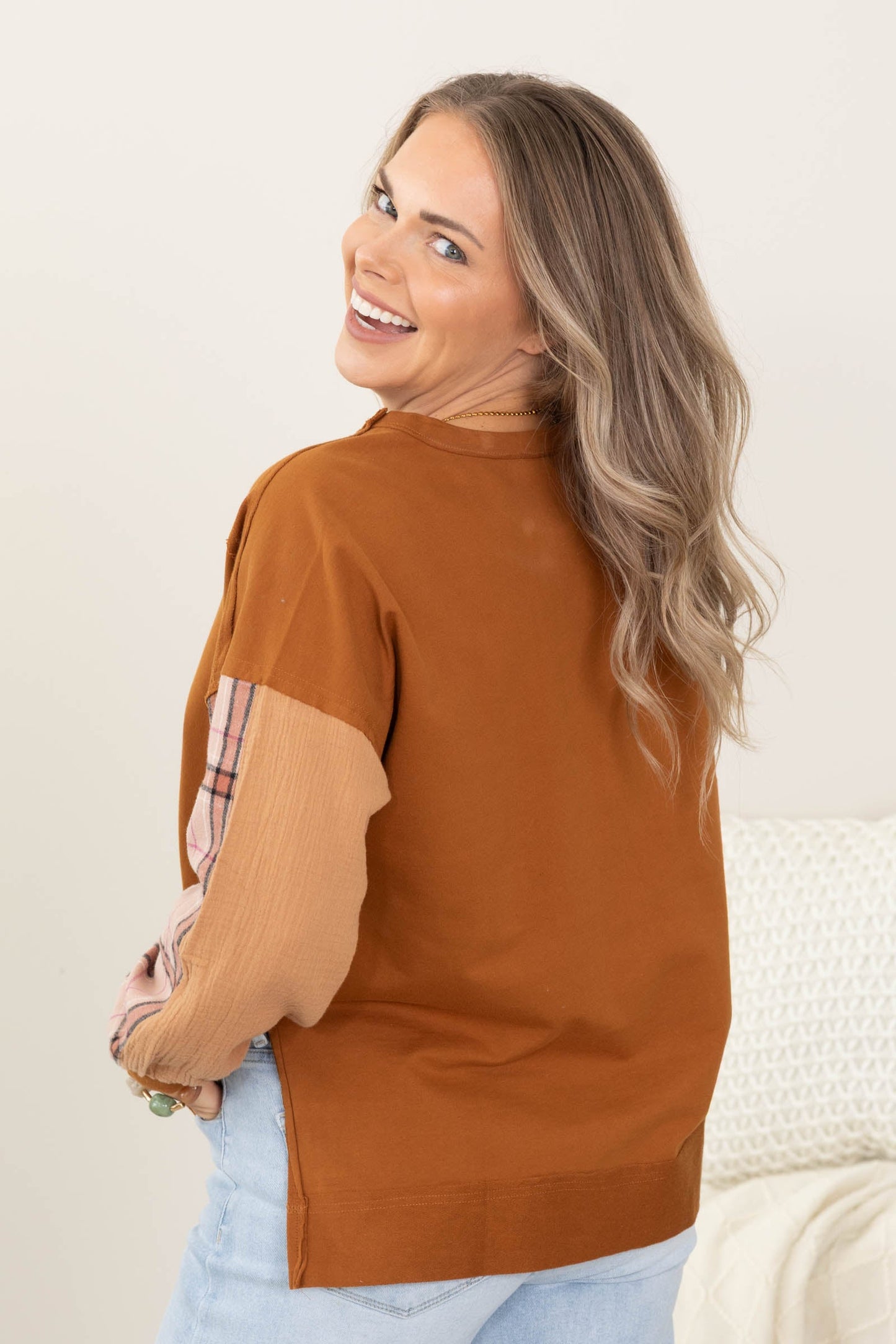 Cinnamon Plaid Sleeve Knit Top