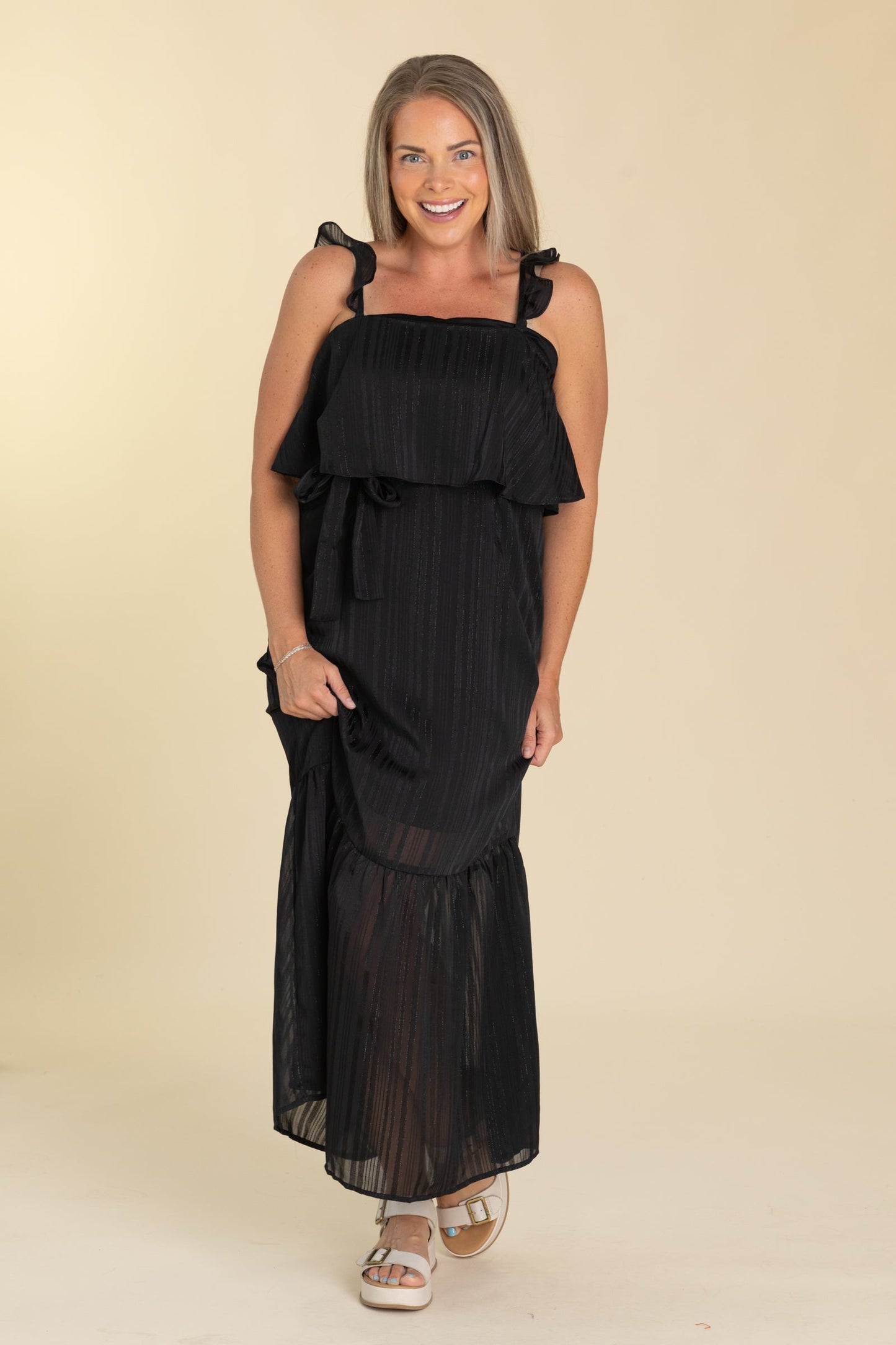Black Chiffon Maxi Dress With Waist Tie