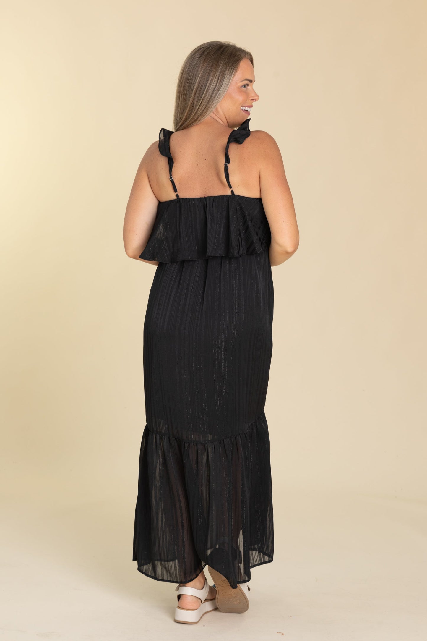 Black Chiffon Maxi Dress With Waist Tie