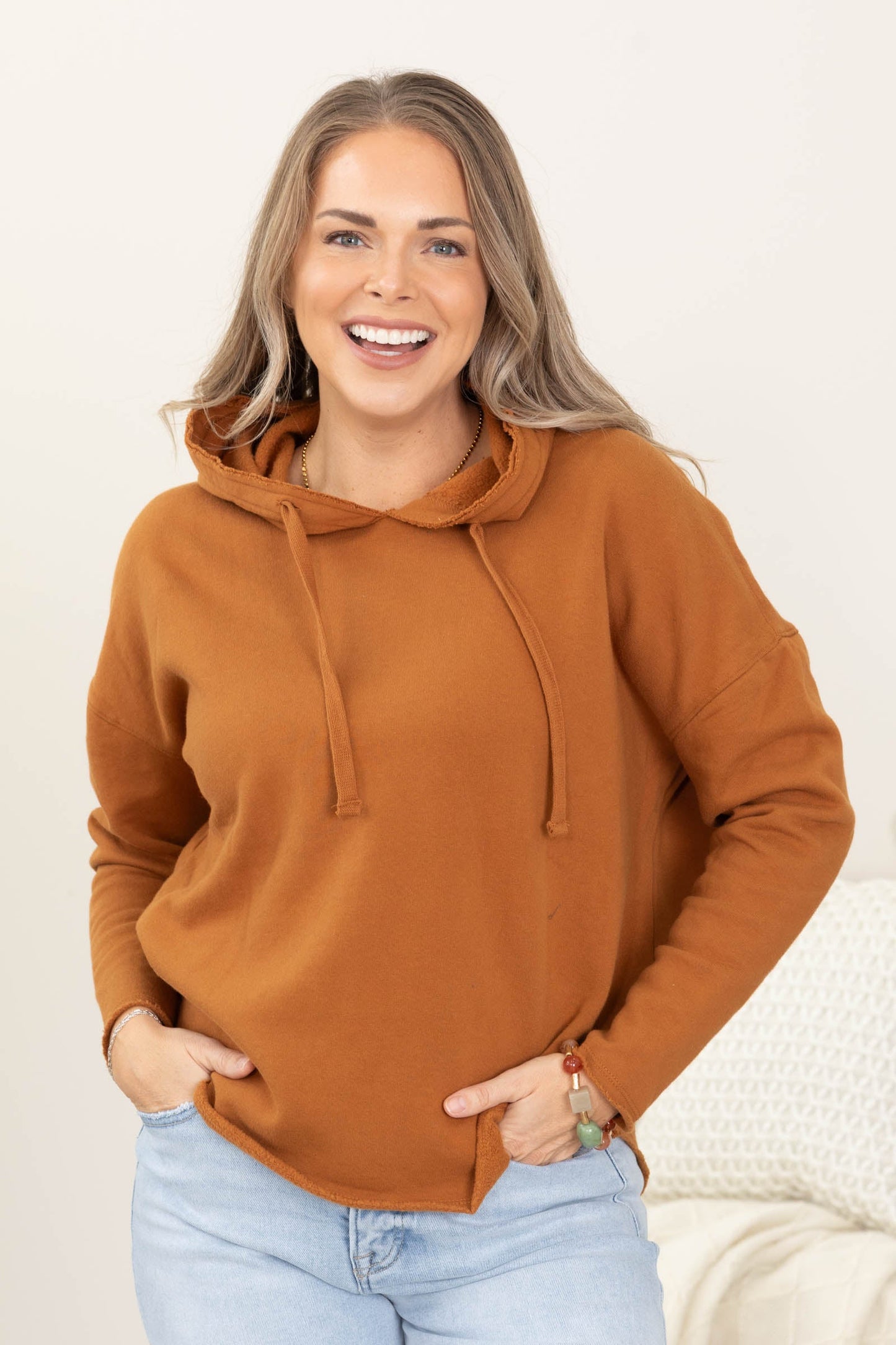 Raw Edge Round Hem French Terry Hoodie