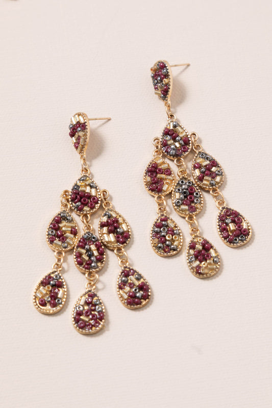 Gold and Maroon Beads Detail Dangle Earrings