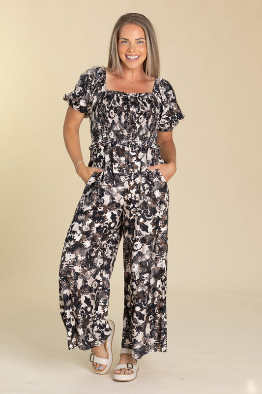Black With Print Smocked Body Jumpsuit