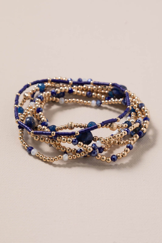 Navy Set Of Seven Beaded Stretch Bracelets