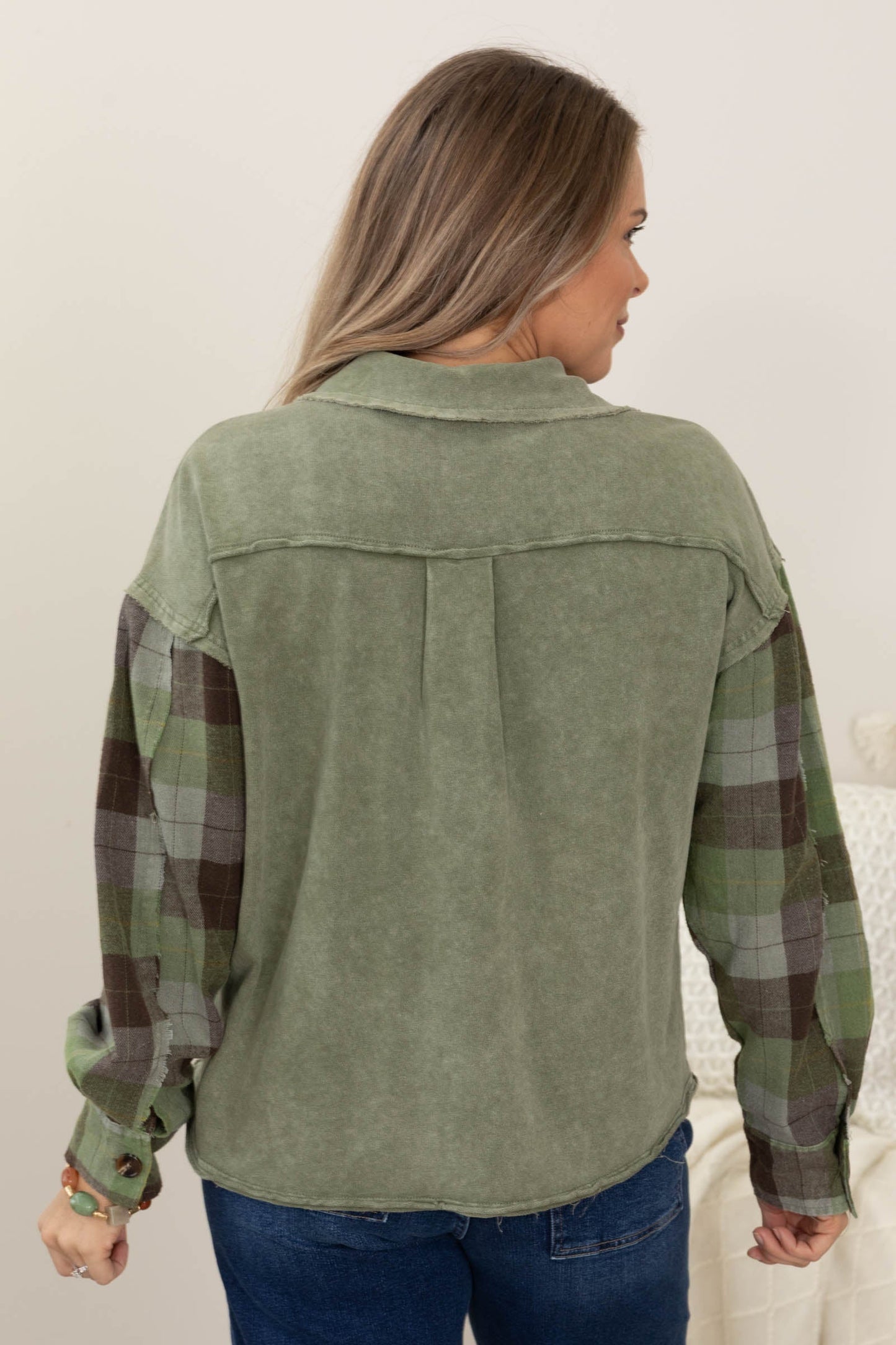 Plaid Sleeve Mineral Wash Shackets