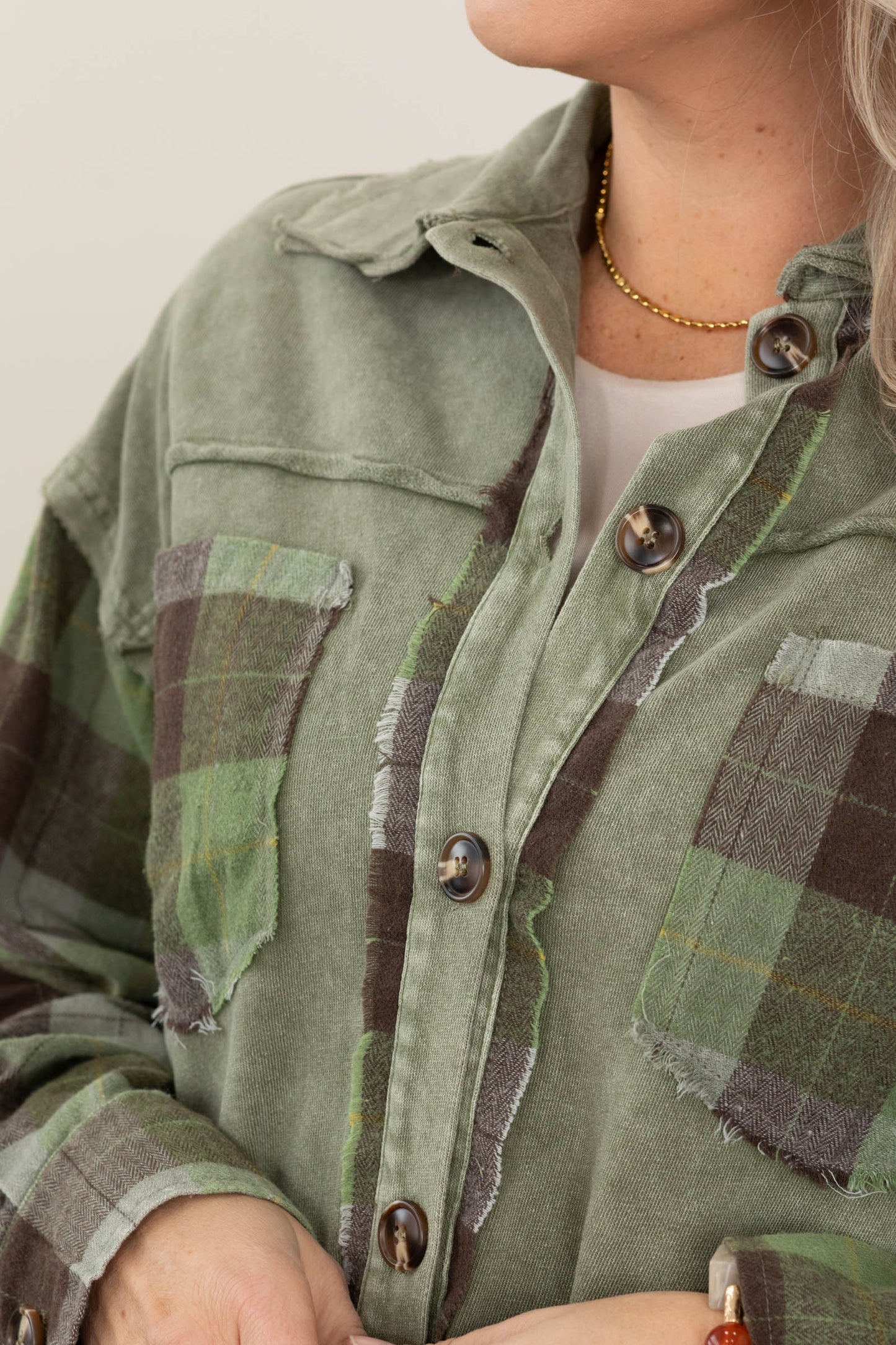 Plaid Sleeve Mineral Wash Shackets