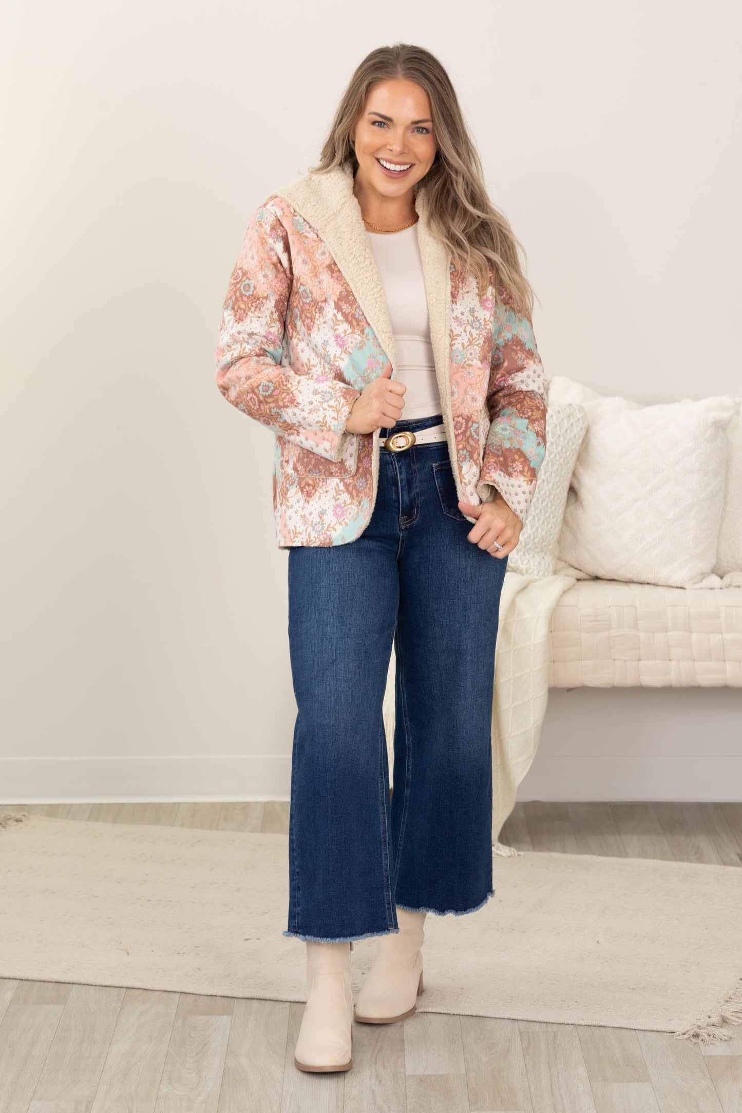 Beige Multicolor Patchwork Print Sherpa Jacket