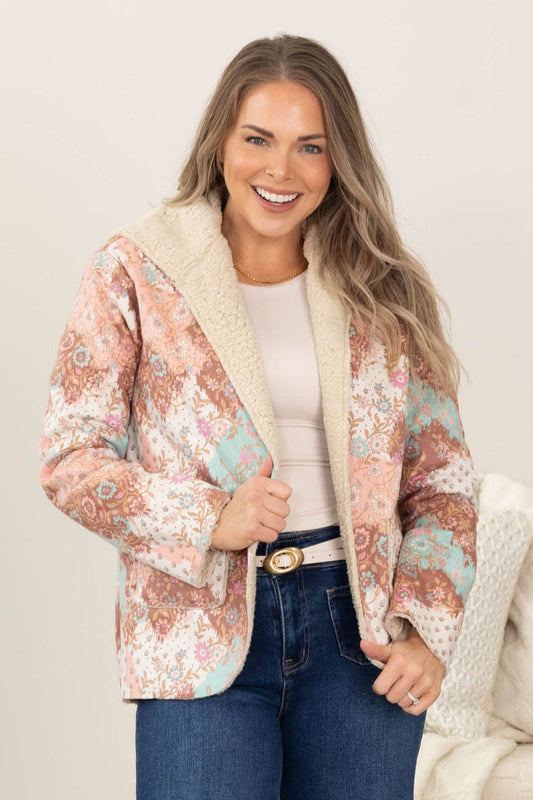 Beige Multicolor Patchwork Print Sherpa Jacket