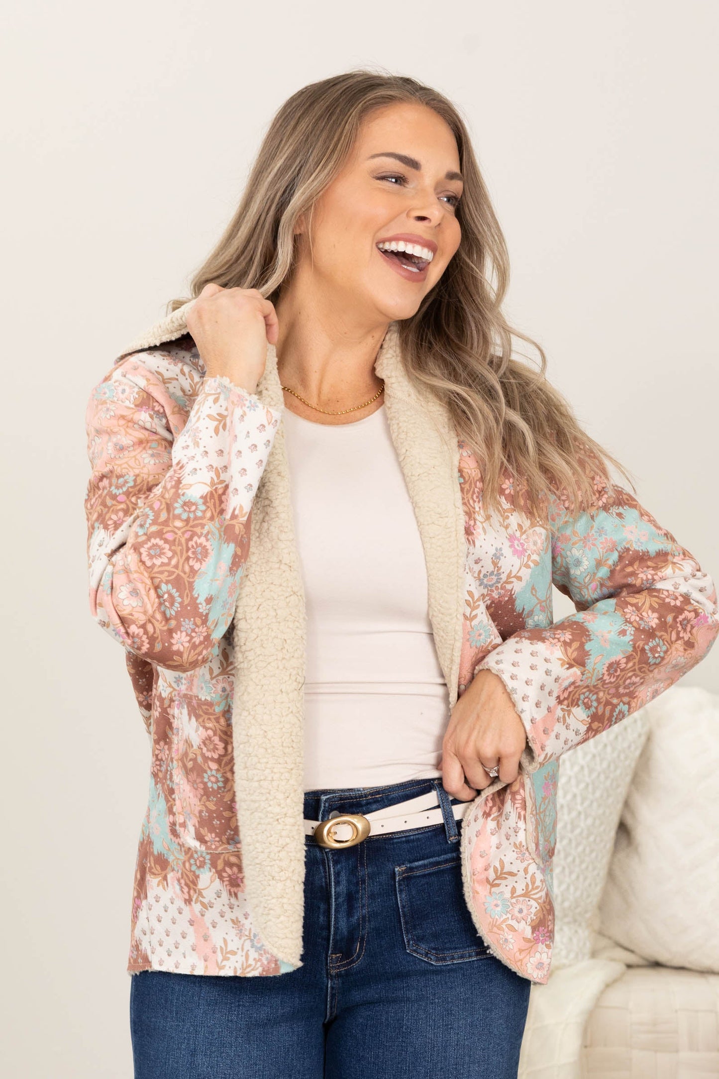 Beige Multicolor Patchwork Print Sherpa Jacket