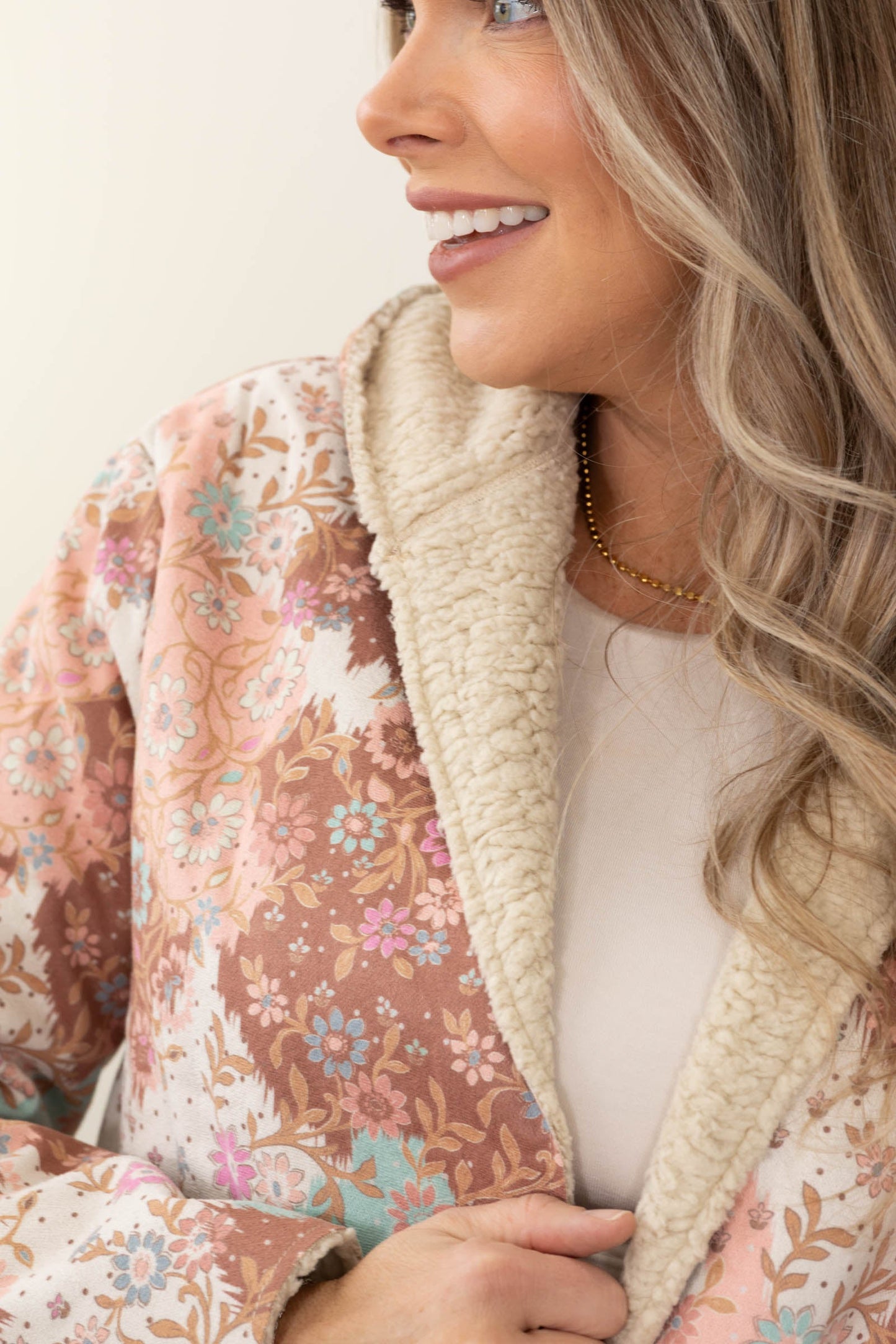 Beige Multicolor Patchwork Print Sherpa Jacket