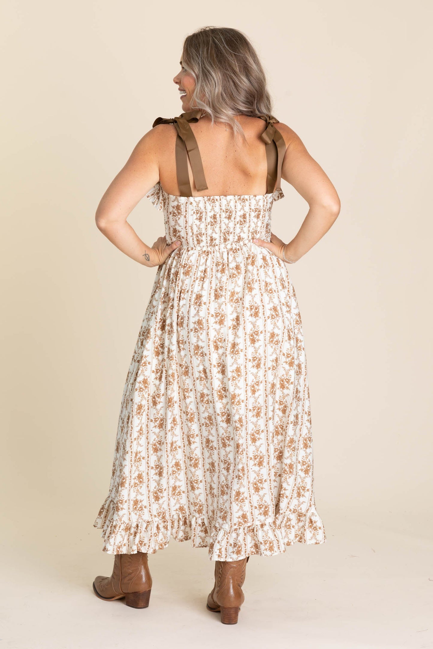 Ivory And Brown Stripe Floral Midi Dress