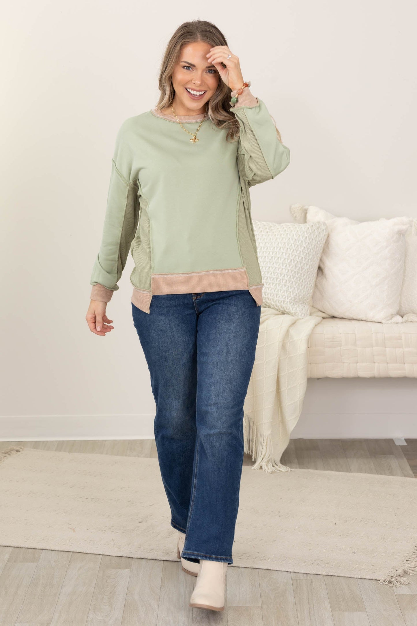 Sage And Tan Boyfriend Fit Contrast Trim Top