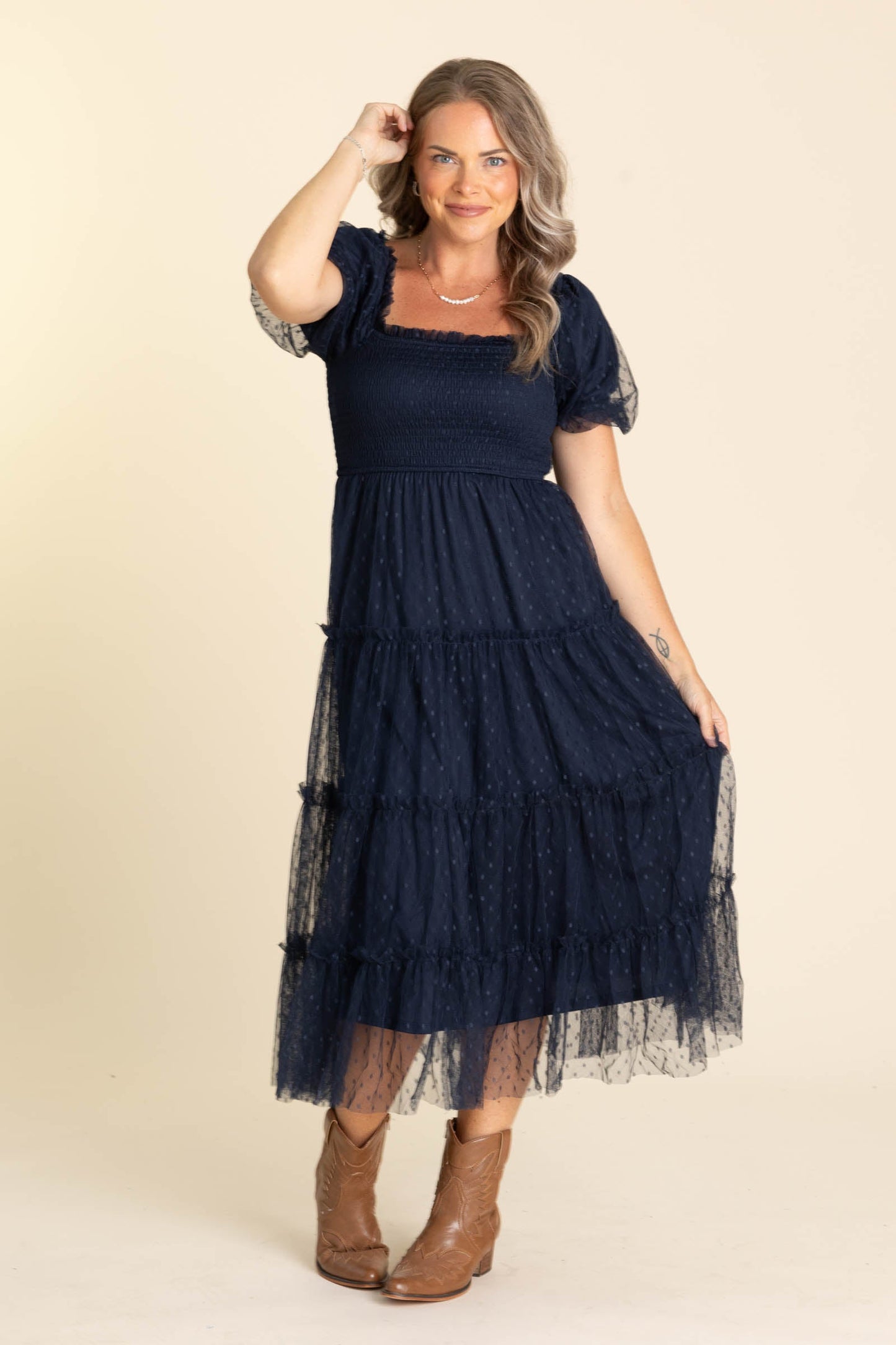 Navy Swiss Dot Midi Dress