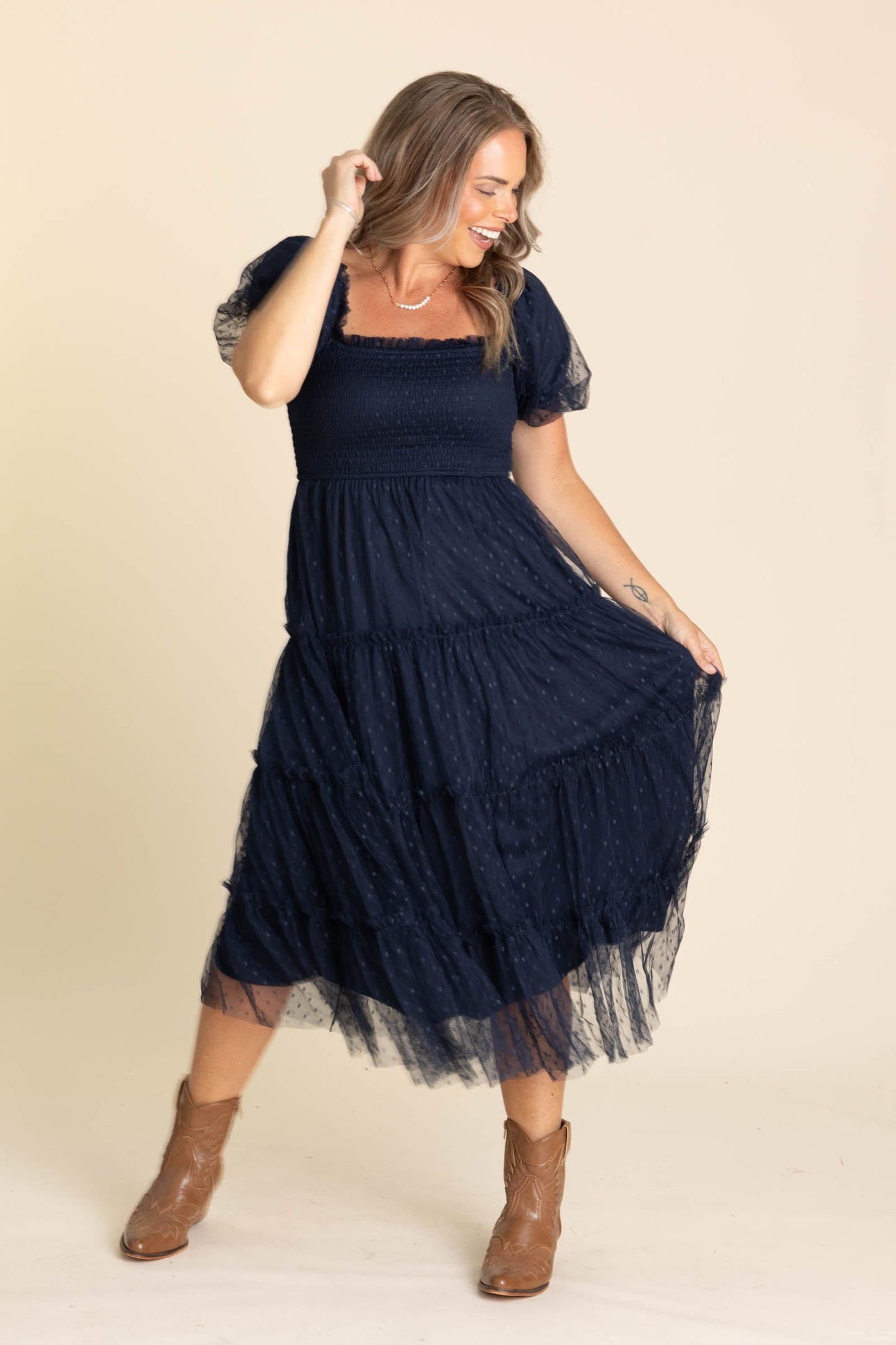 Navy Swiss Dot Midi Dress