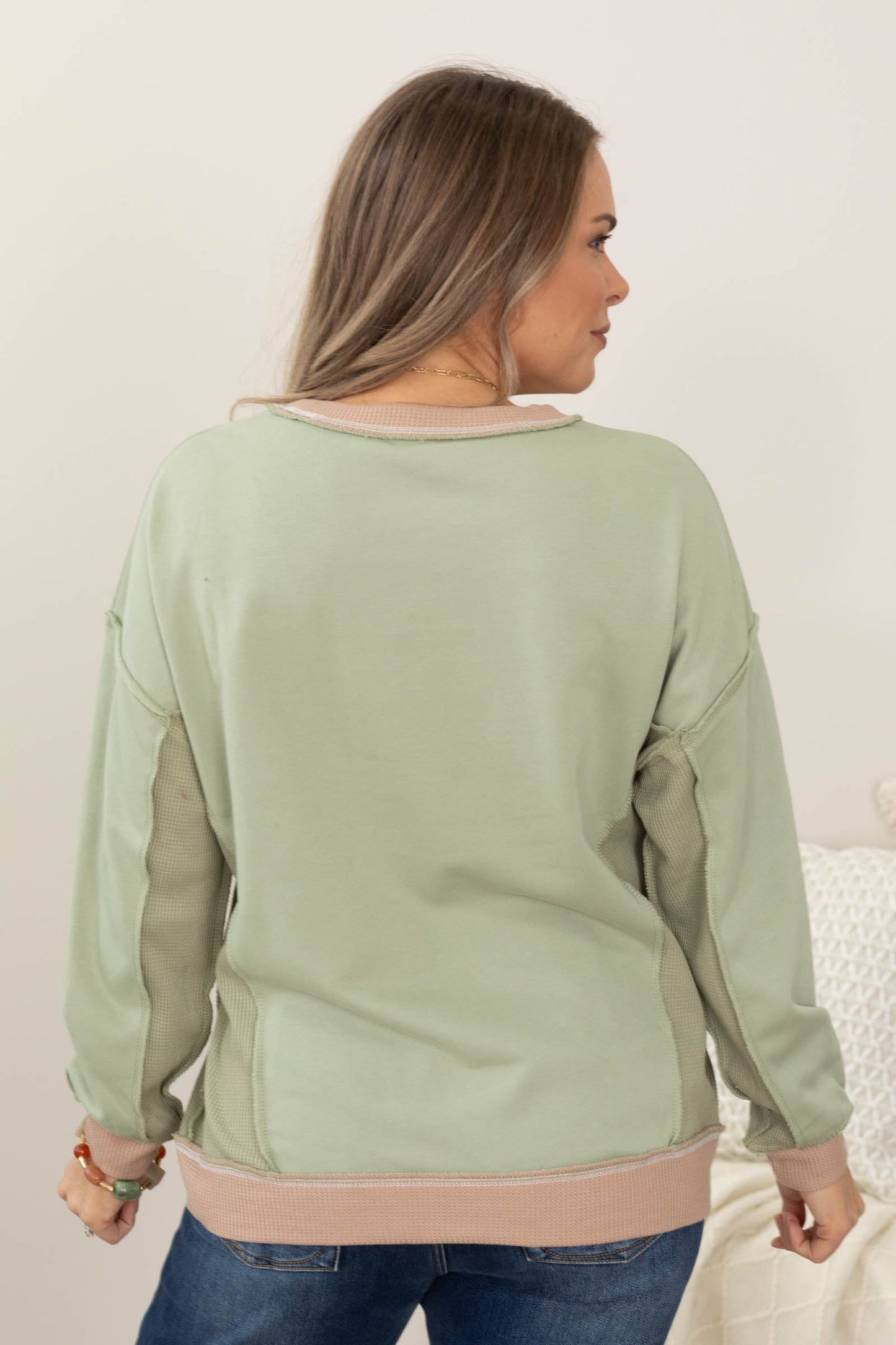 Sage And Tan Boyfriend Fit Contrast Trim Top